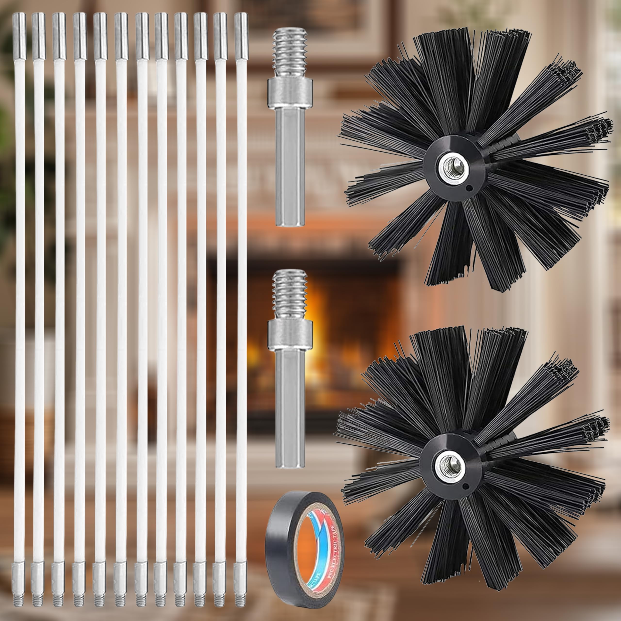 Haardborstelset, haardborstel, reinigingsborstel, 1 nylon kop met 9 flexibele borstels, 410 mm, 1 lange borstel voor open haard, airconditioning, wasmachine