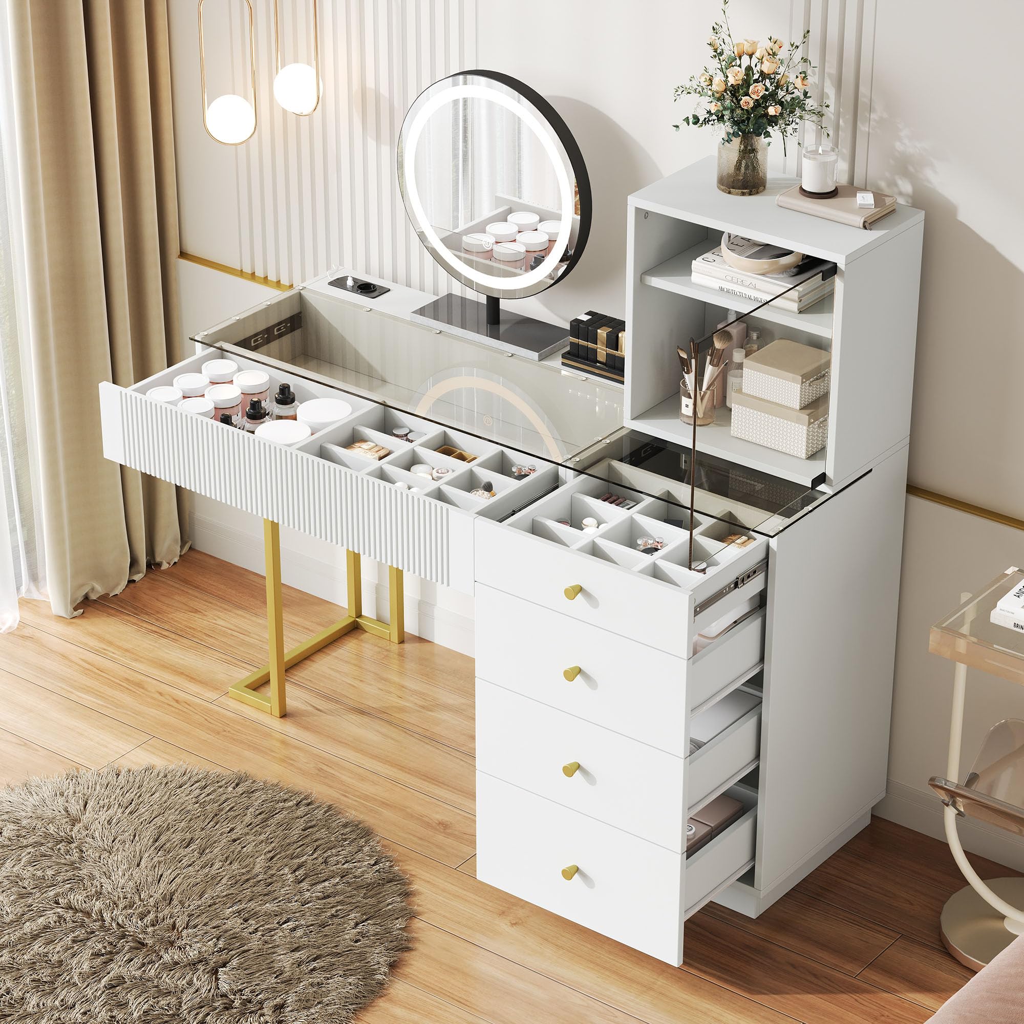 Kebnor Schminktisch-Set mit LED-Beleuchtungsspiegel, klarer gehärteter Glasplatte, 5 Schubladen und 1 Schrank; weiß, Maße: B120 x T40 x H120 cm