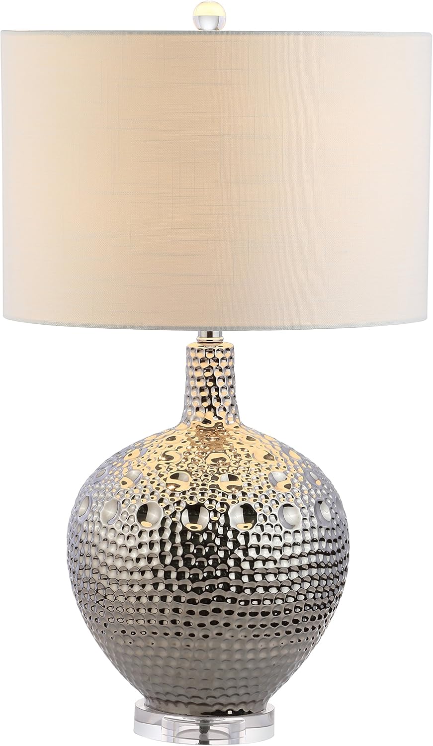 JONATHAN Y 27" Chrome Dimpled Ceramic Table Lamp, Glam Silver Textured Base with White Linen Drum Shade for Living Room Bedroom Nightstand, LED Bulb Included JYL5025A