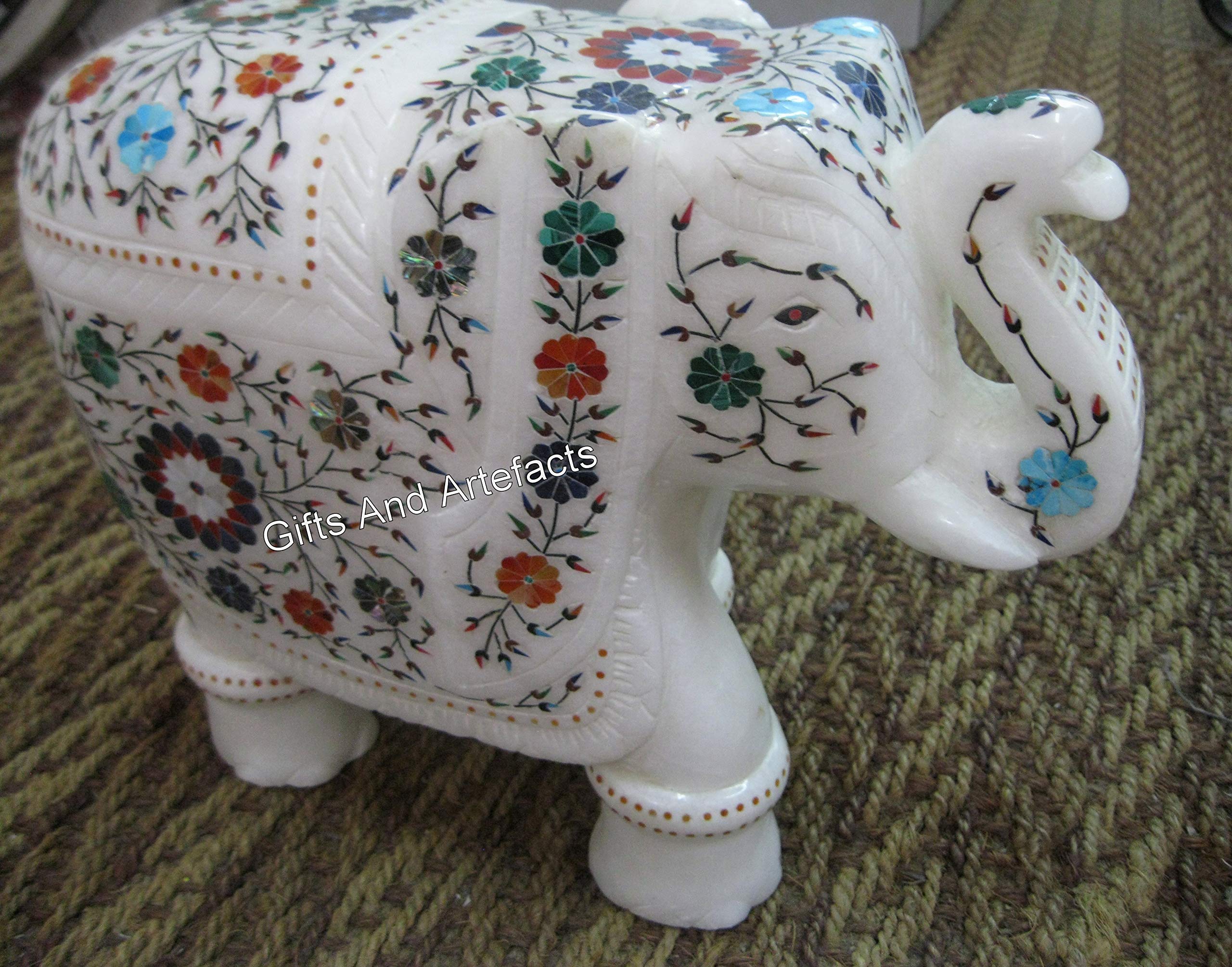 Estatua de elefante de mármol blanco con incrustaciones de piedras naturales, figura de elefante de prosperidad de 10 pulgadas para decoración de oficina y sala de estar, regalo para el día de San
