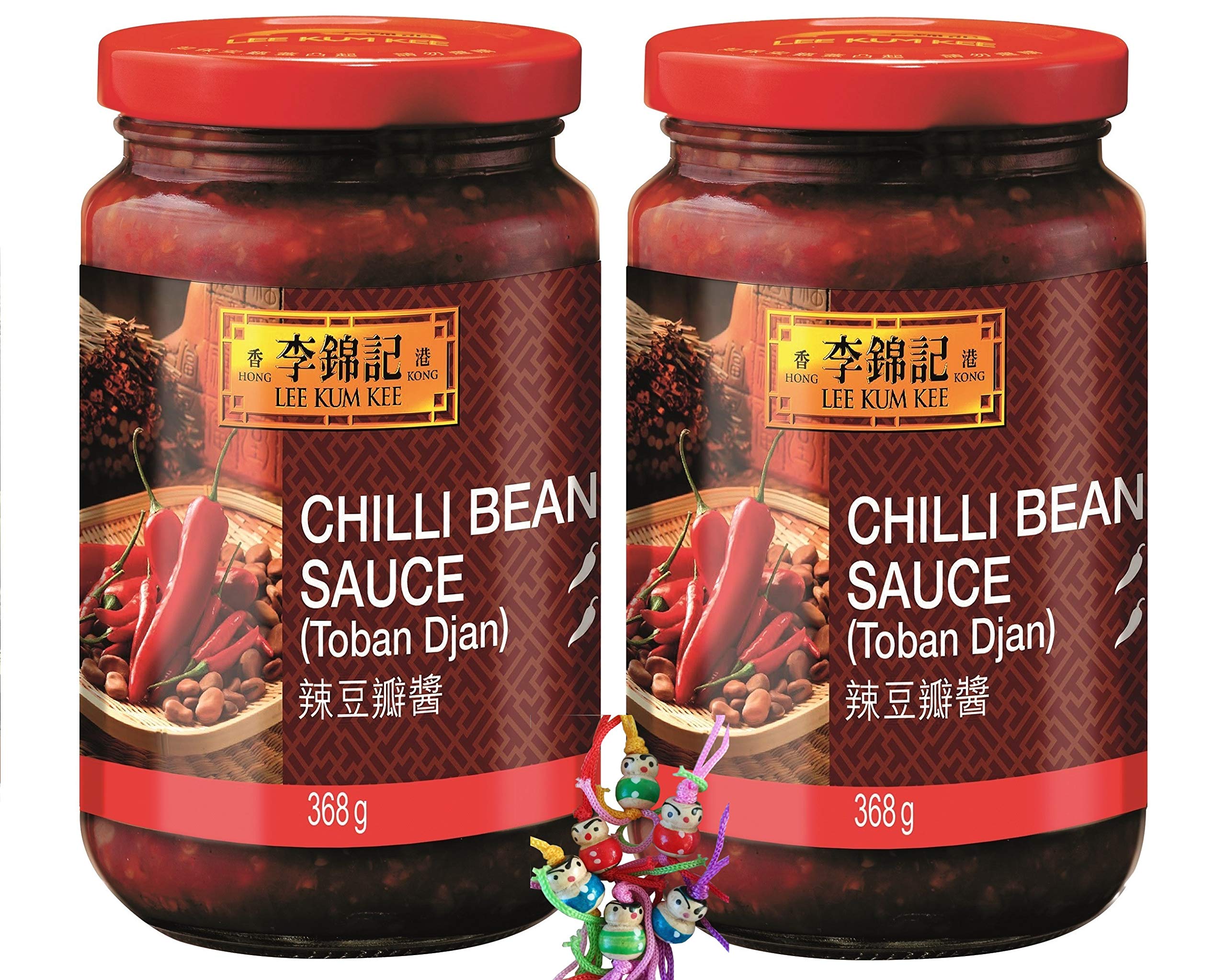 Confezione da 2 pezzi – [ 2 X 368 g ] Lee KUM KEE salsa di fagioli piccanti (Toban Djan) salsa al peperoncino + un piccolo ciondolo portafortuna gratuito