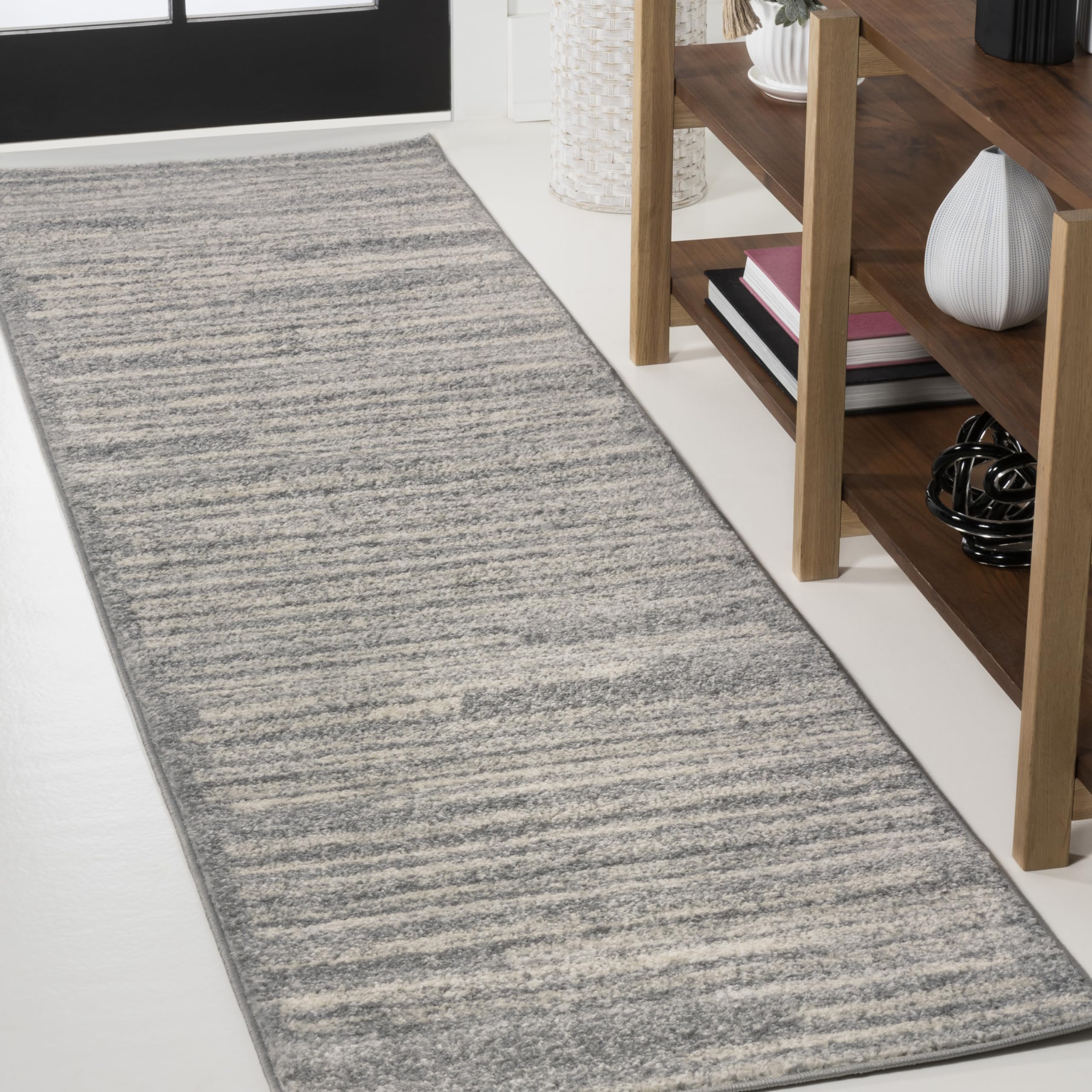 JONATHAN Y MOH207G-28 Khalil Modern Berber Stripe Runner Rug, Contemporary, Bohemian, Scandinavian, Minimalistic, Rustic for Living Room, Dining Room, Bedroom, Kitchen, Gray/Cream, 2 X 8