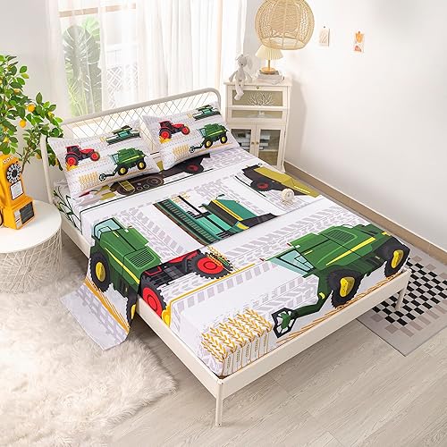 Miniatura 2 de CVHOUSE Juego de sábanas ajustables de excavadoras, tamaño Queen, juego de ropa de cama de tractor para niños, juego de sábanas de maquinaria,