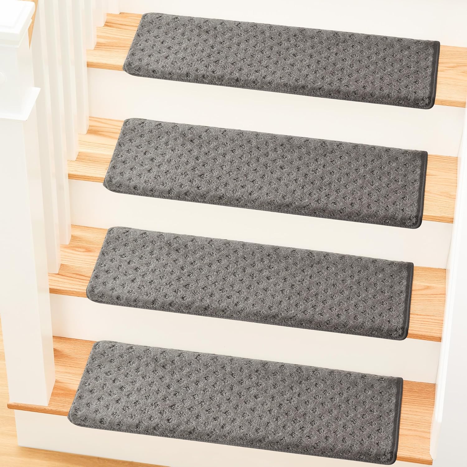 MBIGM Bullnose Non-Slip Stair Treads w/Reusable Adhesive 14 Pack 9.5" x 30" Wooden Steps Protection - TPU Backing with Steel Reinforcement - Anti-Slip Solution Lattice Dark Grey Non Slip Stair Tread