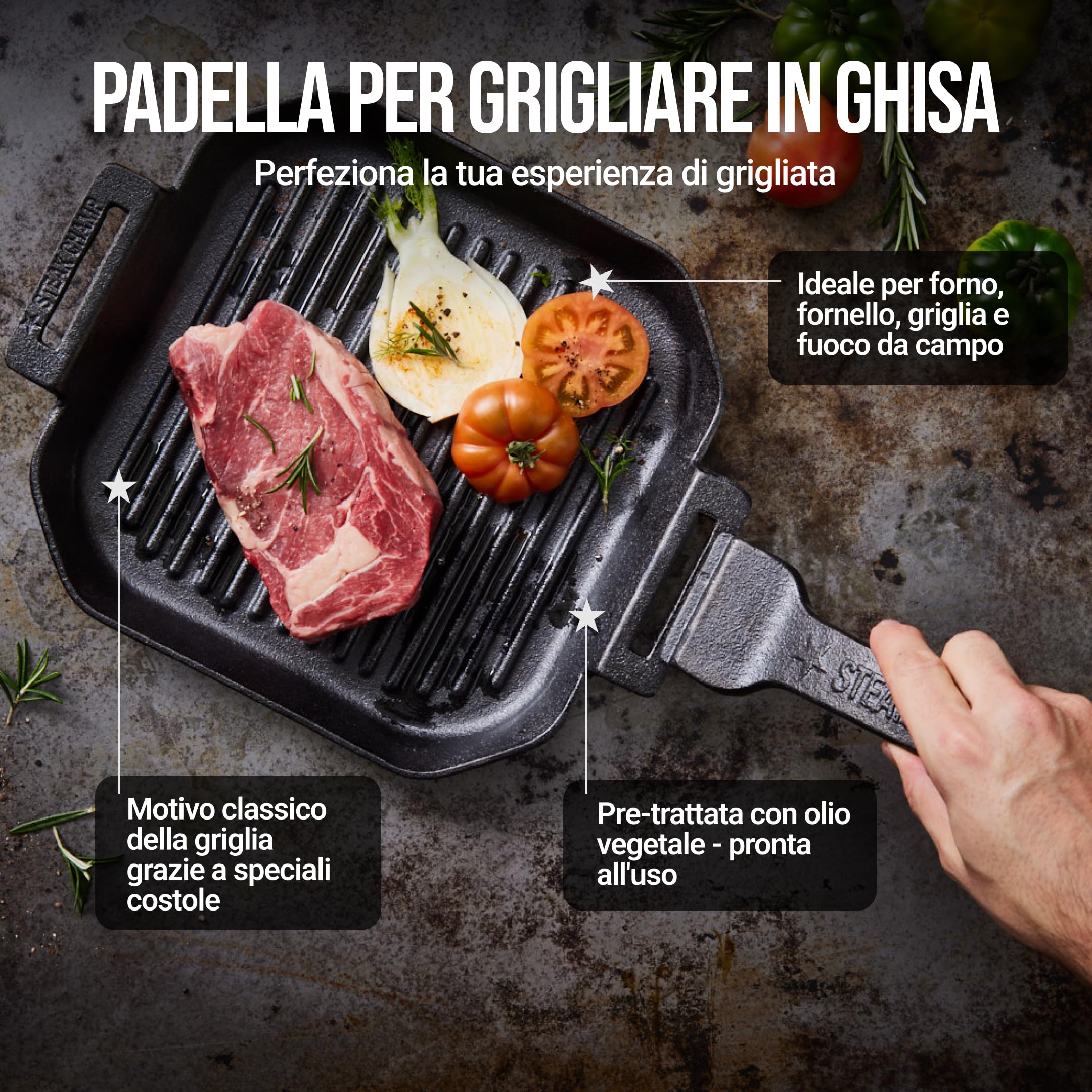 Steakchamp Padella per Grigliare in Ghisa con Manico Rimovibile per Grill, Piano Cottura (Anche a Induzione) e Forno, Adatta come Padella per Servire e Friggere