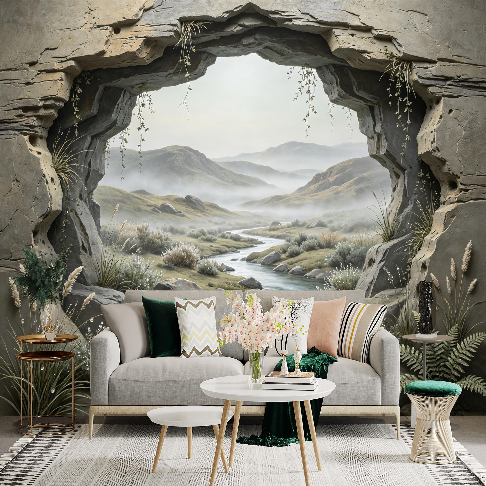 Custom Size Wall Sticker Mural， Mountain Valley River View Through Cave， Misty Hills and Rocks， for wall Decoration， peelandstick wall Decals.