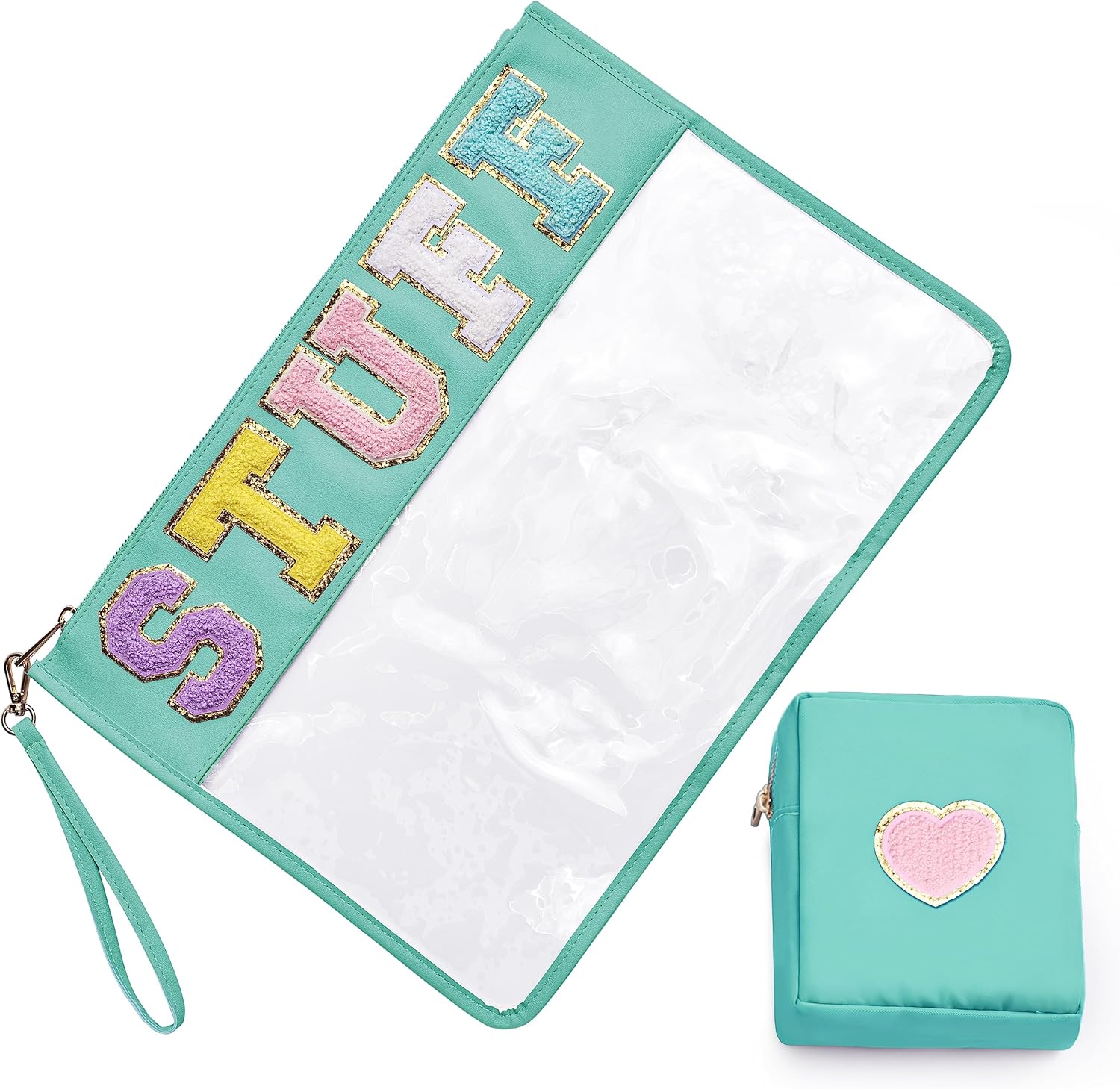 Large Chenille Letter Bag, 2 PCS Preppy Stuff Clear Bag, PU Waterproof Snack Makeup Sunscreen Bag Travel Cosmetic Pouch, Gift for Women Girls