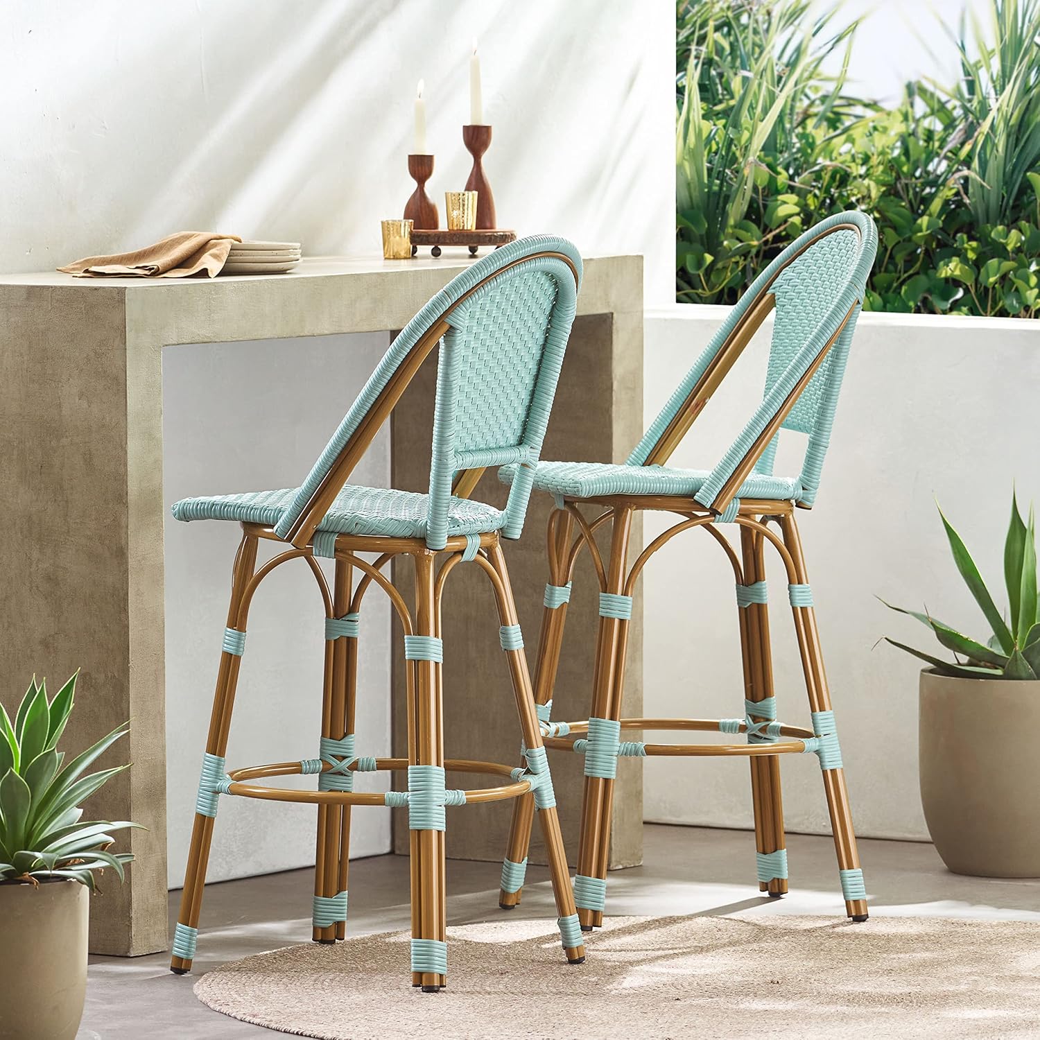 Outdoor Bar Stools Set of 2, Light Teal and Bamboo Finish, 29.5 Inch Seat Height, PE Rattan and Aluminum Frame French Style Barstools for Patio Backyard Cafe