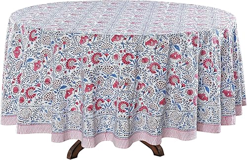 Miniatura 6 de Ridhi Mantel redondo 100% algodón para verano, otoño, 120 pulgadas, estampado a mano, lavable, reutilizable, para fiestas, bufé, comedor, bodas,