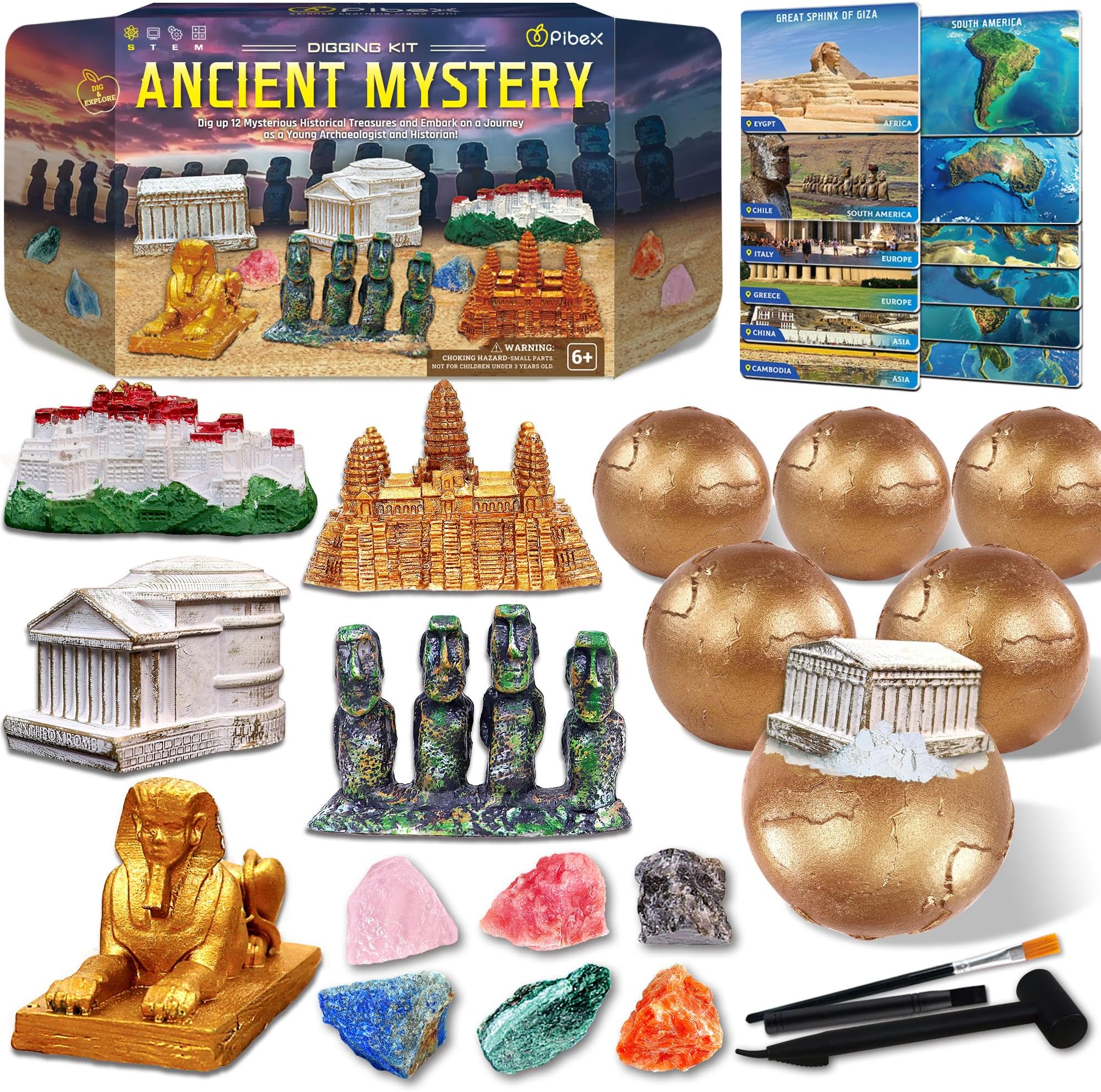 - PIBEX Ancient Wonders Dig Kit, Dig up 6 Mystery Historical Landmarks & 6 Treasure Stones, Famous World History Architecture Toy Archaeology Set, STEM History Gift for Kids Age 6-8-12