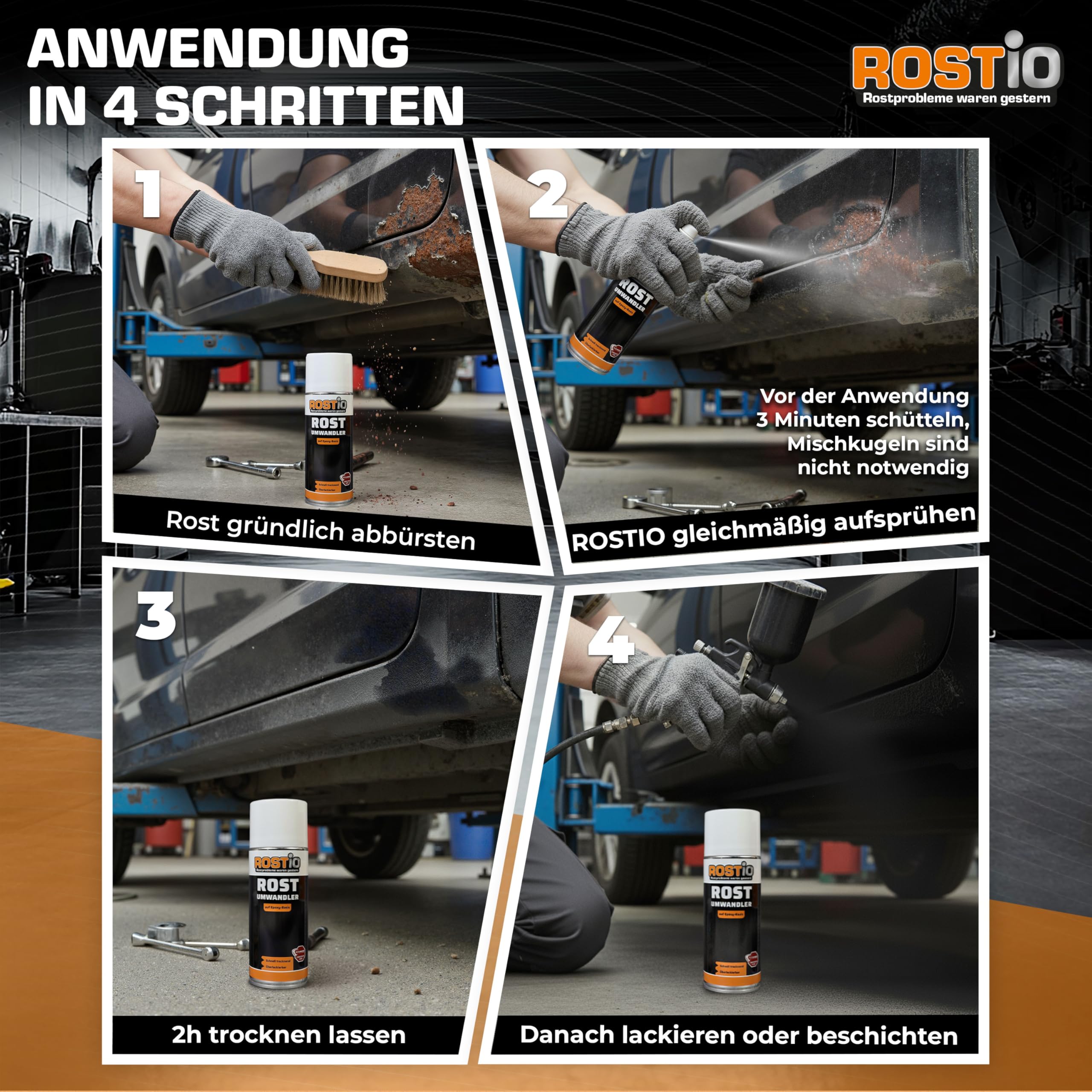 Rostio Rostumwandler Spray 3 x 400 ml – Rostkonverter & Korrosionsschutz – Rostentferner farblos – überlackierbar nach ca. 120 Min – Epoxidharz-Basis – temperaturbeständig bis 180 °C