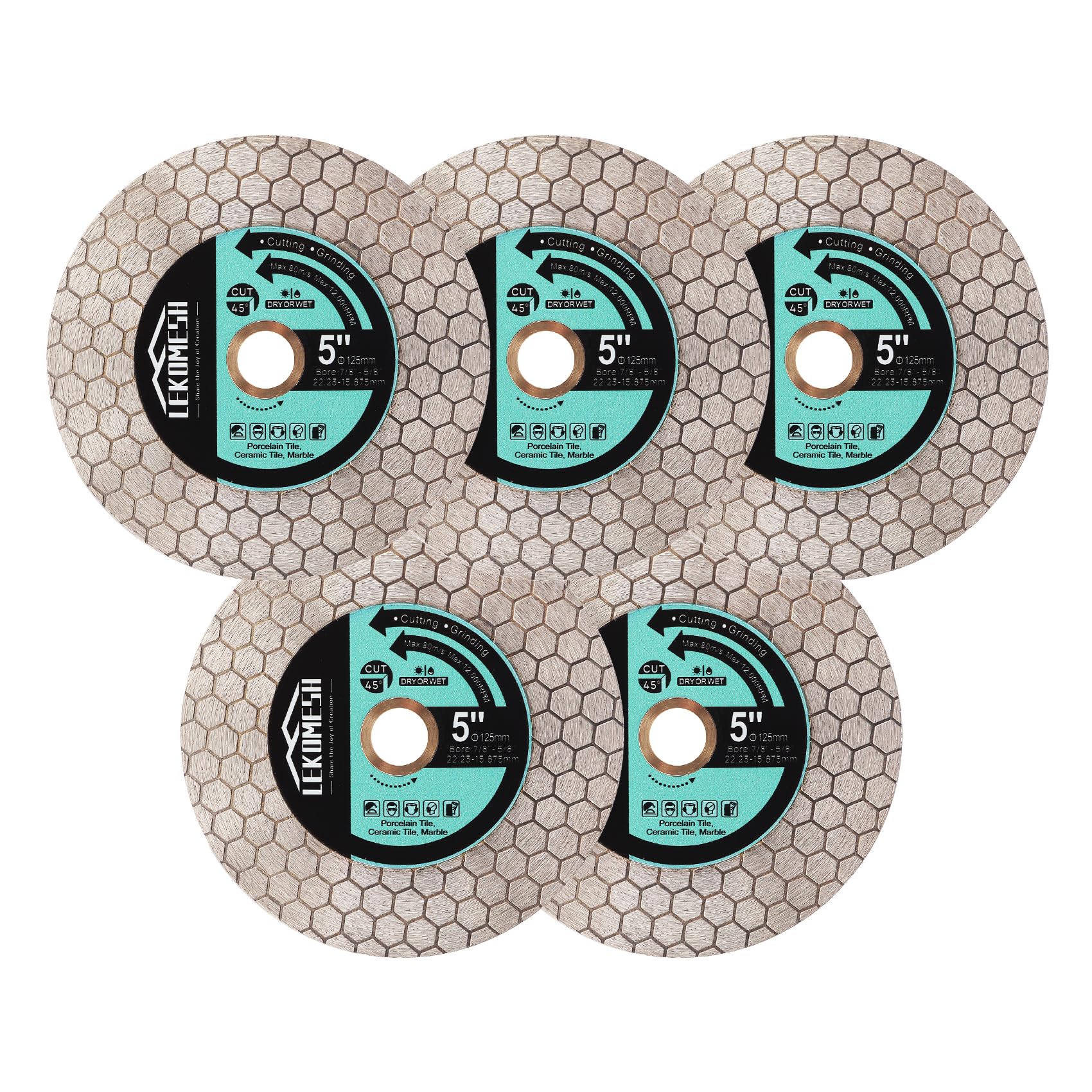 LEKOMESH Tile Blade 5"/125mm - 5pcs Diamond Saw Blade Hexagon Design for Cutting and Grinding Granite Marble Ceramic Porcelain Tile,Arbor 7/8"-5/8"