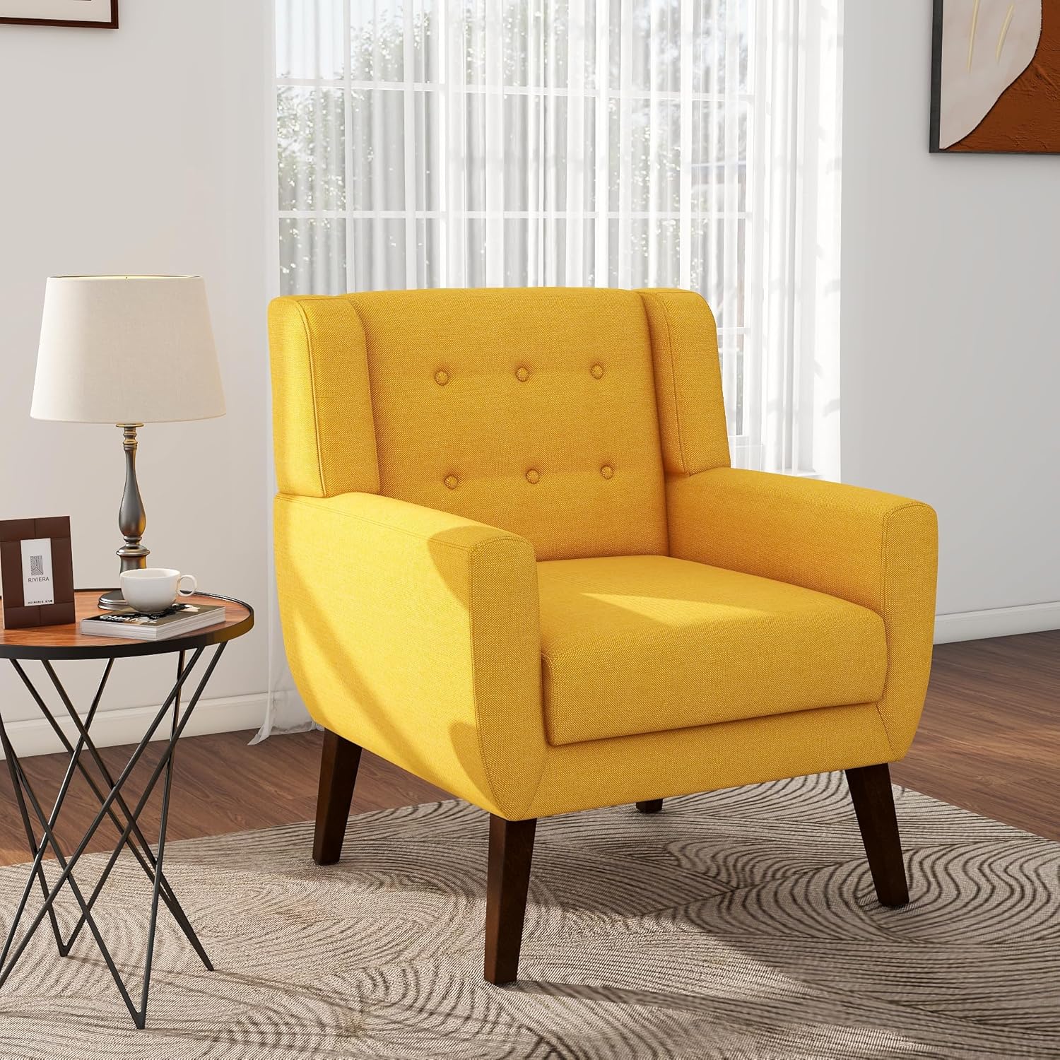 Accent Chair Mid Century Modern Armchair,Comfy Single Sofa for Living Room,Button Tufted Armrest Reading Seat Bedroom Side Sitting for Home Office,Recliner Chair, Home Theater Seating,Yellow