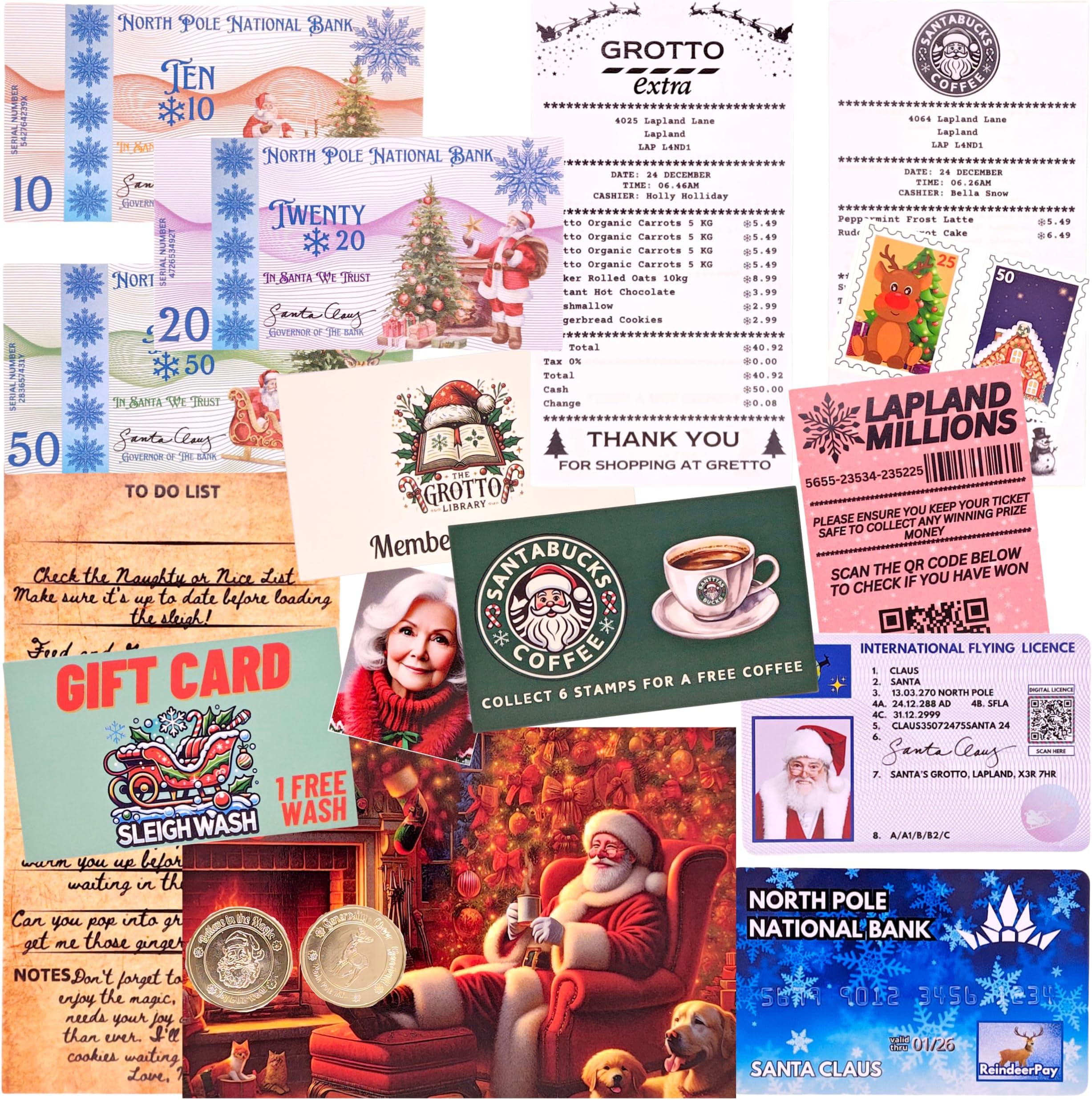 Santa's Lost Wallet Evidence Kit โ Magical Christmas Eve Set with Bank Card, Sleigh Flying License, North Pole Money, Loyalty Cards, Receipts & Many More Fun Surprises