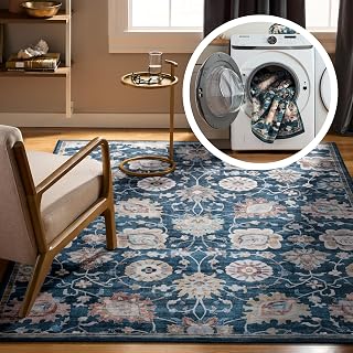 Haven Damask Floral Machine Washable Area Rug with Airflo Technology for Easy Clean, Ultra-Soft Non-Slip Rug with Built-in Pad, Pet, Family & Allergy Friendly Rug, Blue Multi, 6'x9'