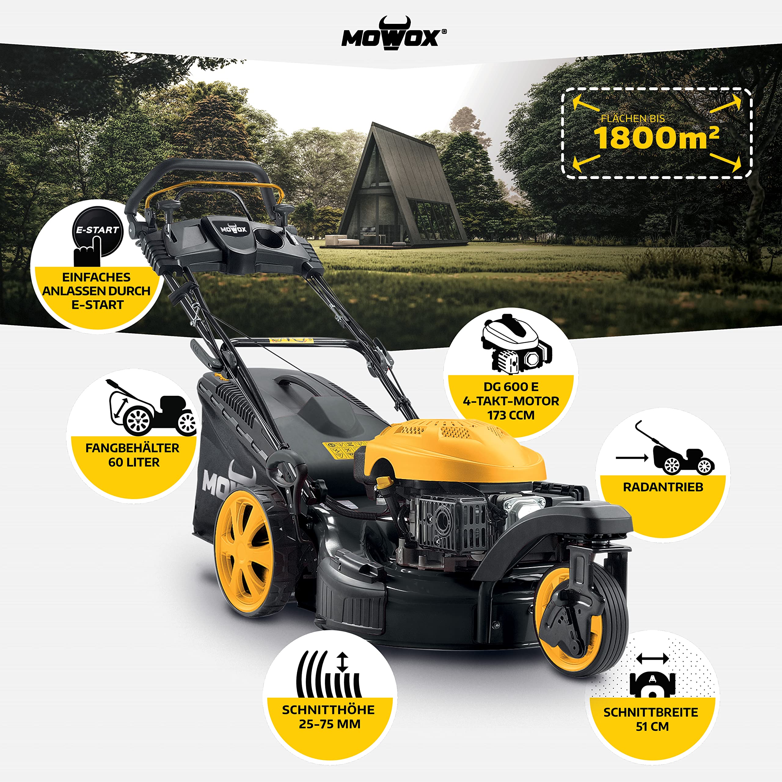 mowox PM 5160 se Trike, de 3 rädriger selbstfahrender con cortacésped de Gasolina, Arranque eléctrico, min. 2,9 kW/2800 RPM, 51 cm, 60L Bolsa para Hierba, rodamiento Ruedas
