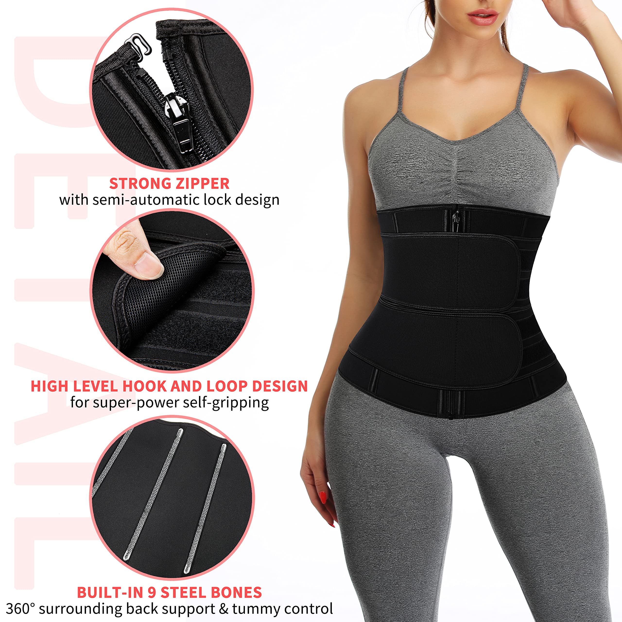 KIWI RATA Neoprenowy gorset do sauny, pas potowy z 2 paskami dla kobiet, podwójna kompresja, trening, wsparcie pleców, nr 2 zamek czarny, rozmiar XXXL