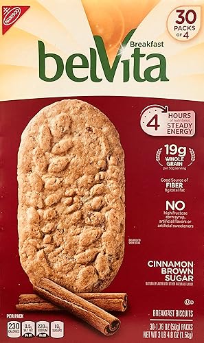 Belvita Galletas de azúcar morena de 1.76 onzas, paquete de 30 unidades, canela, 52.8 onzas, (paquete de 4)