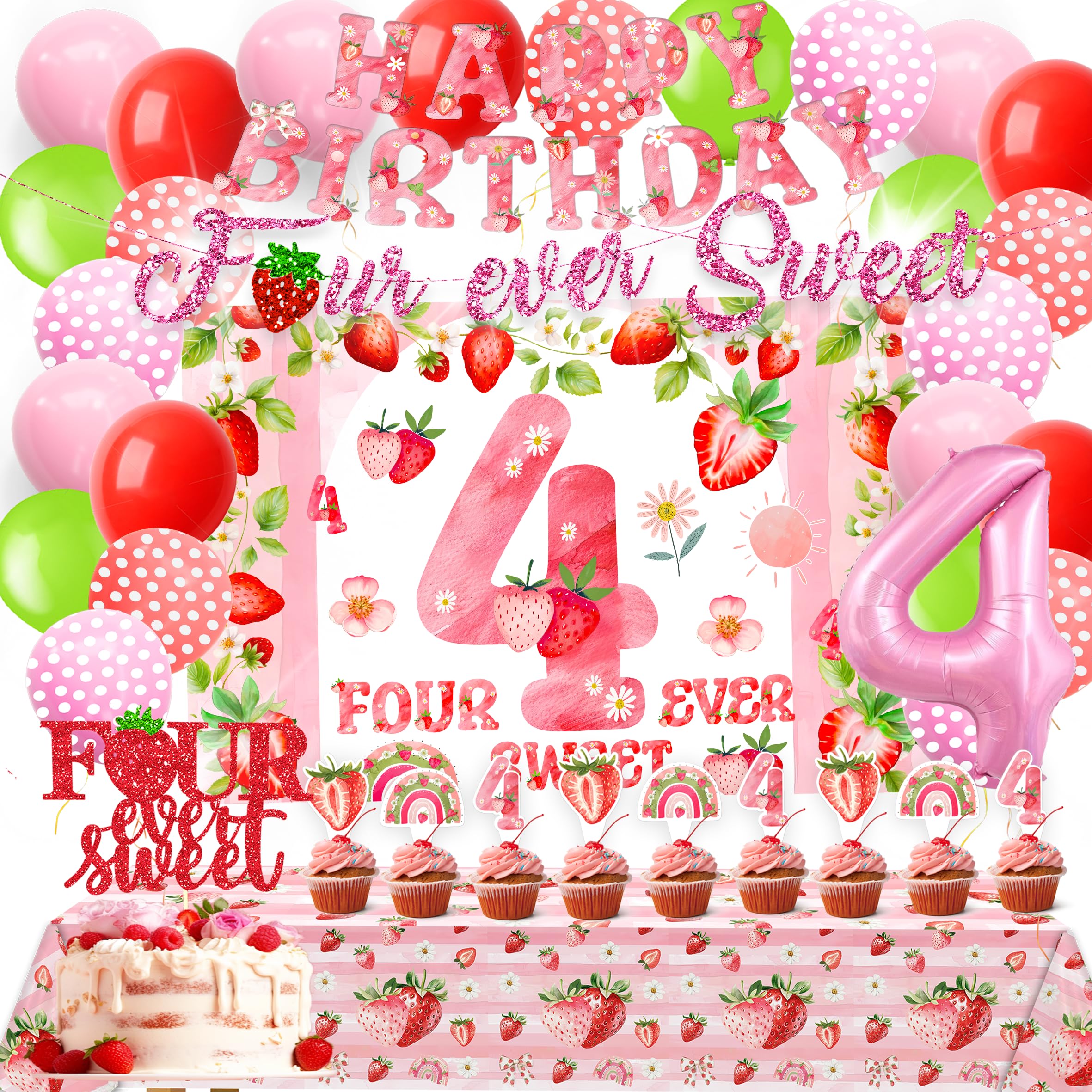 Miruwtog Strawberry 4th Birthday Decorations, Girl, Arch, Red, Pink, Strawberry Theme