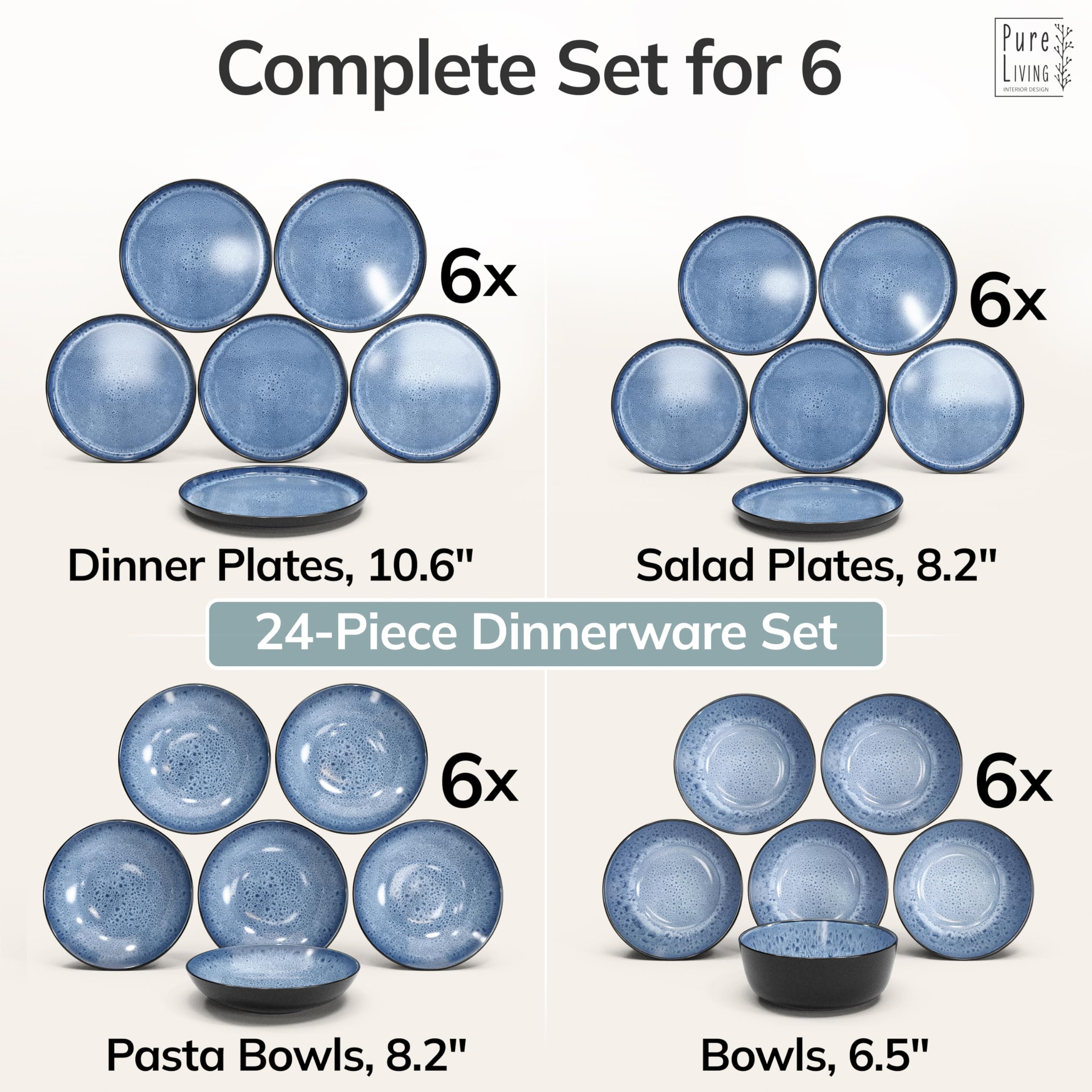 24 Piece Dinnerware Sets for 6 - Stoneware Tableware Set - Bowl and Plate Set - Dinner Service 6 persons - Tableware Sets Pure Living Black Deep Blue