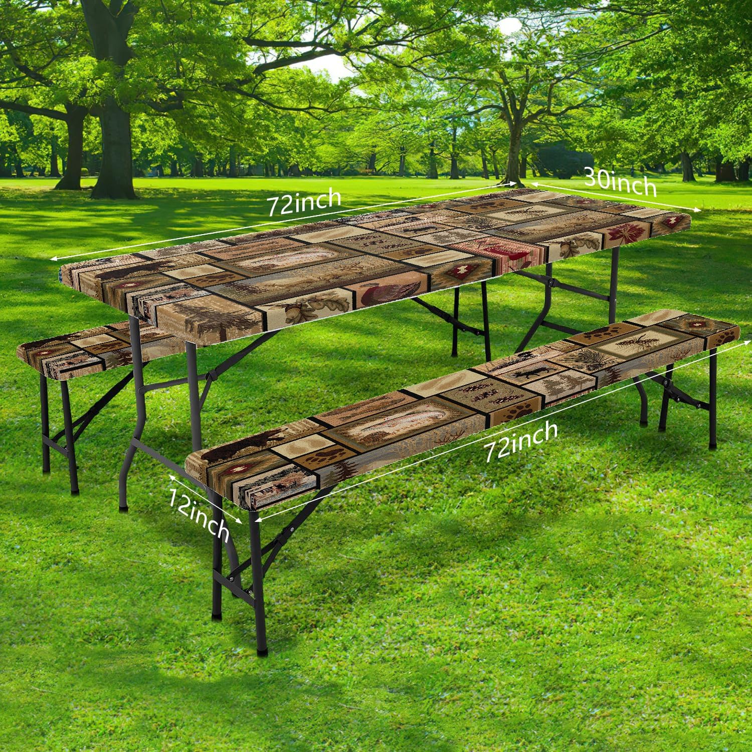 30X90 inch3 PCS Picnic Table Cover with Bench Cover Rustic Moose Deer Bear,Water-Resistant Fitted Tablecloth Polyester Fabric Backing Rectangular Elastic Edged for Camping Outdoor Travel Fitted