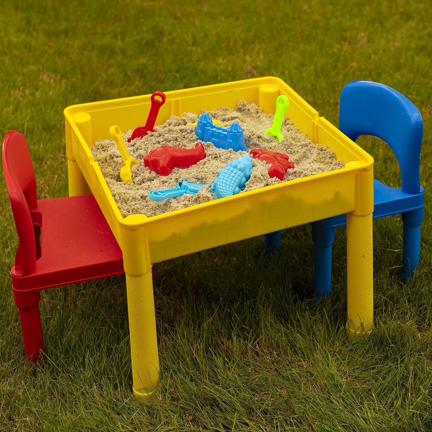 PREXTEX Kids 5 in 1 Store and Play Craft, Bricks, Water & Car Roads, Activity Play Table Set with 2 Chairs