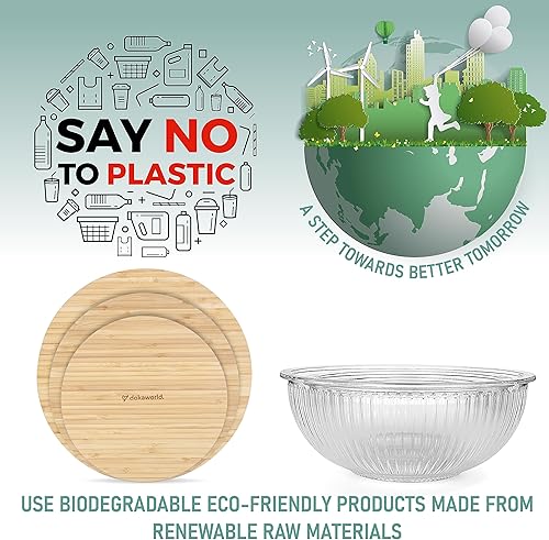 Miniatura 7 de Juego de 3 cuencos apilables de vidrio con tapas de bambú para preparación de alimentos, almacenamiento, mezcla y cocina, aptos para microondas y