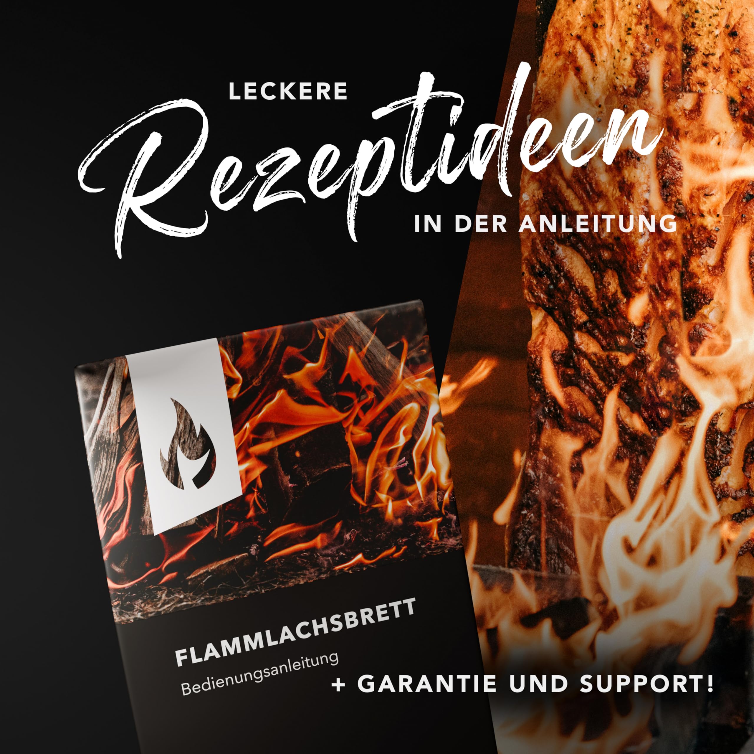 Flammlachsbrett Edelstahl 59,5cm | Extra langer Flammlachshalter passend für Feuerschalen und Grills mit Wandstärke bis 6mm, 180° drehbar | Spülmaschinenfest | Inklusive Anleitung & Rezepten (1er Set)