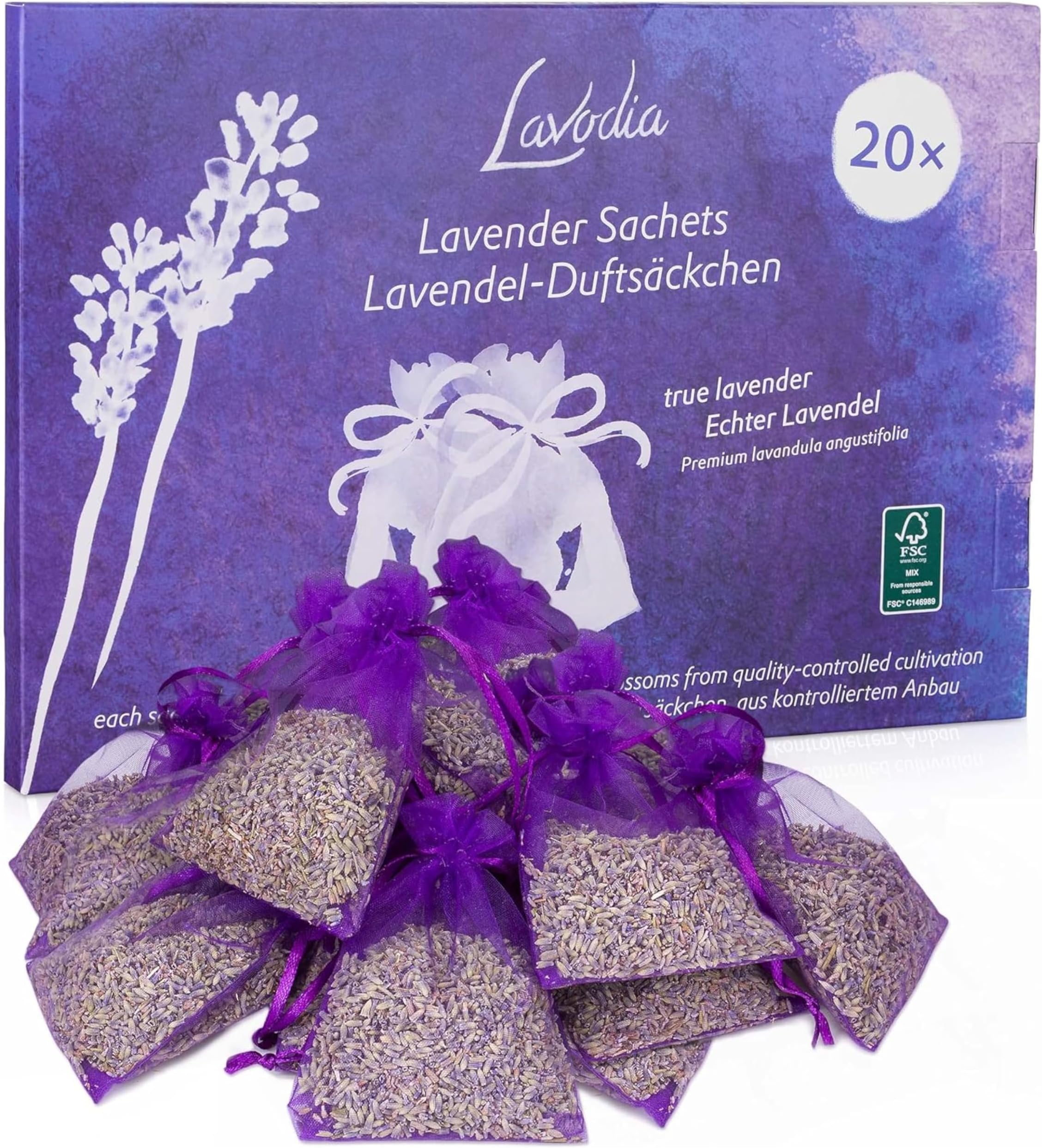 LAVODIA Lavender Sachets for Drawers and Closets - Pack of 20 Sachet Bags with Dried Lavender Flowers - Closet Deodorizer Odor Eliminator for Fresh Scented Storage
