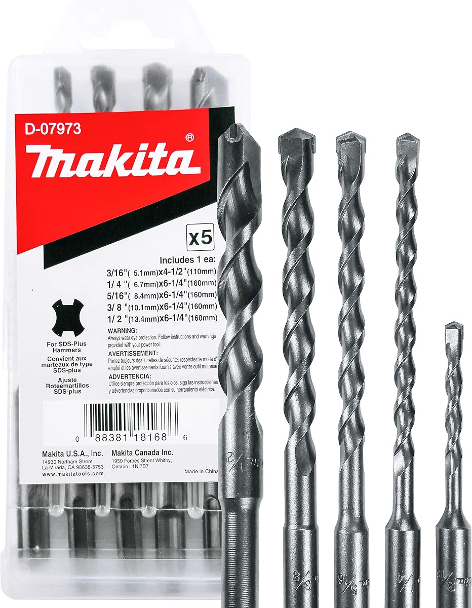 Makita 5 piezas - Juego de brocas SDS-Plus para martillos perforadores SDS+ - Perforación agresiva para hormigón y mampostería - Brocas con punta de carburo