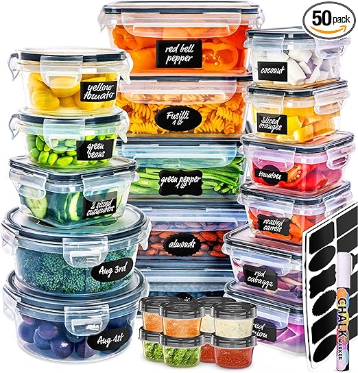 fullstar 50-Piece Plastic Food Storage Containers with Lids (24 Containers & 24 Lids) - Leakproof, BPA-Free, Meal Prep Containers, Reusable Lunch Storage Set for Kitchen Organization (Pack of 50)