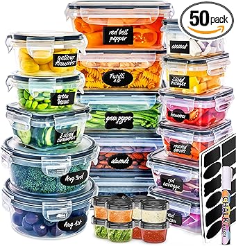 fullstar 50-Piece Plastic Food Storage Containers with Lids (24 Containers & 24 Lids) - Leakproof, BPA-Free, Meal Prep Containers, Reusable Lunch Storage Set for Kitchen Organization (Pack of 50)