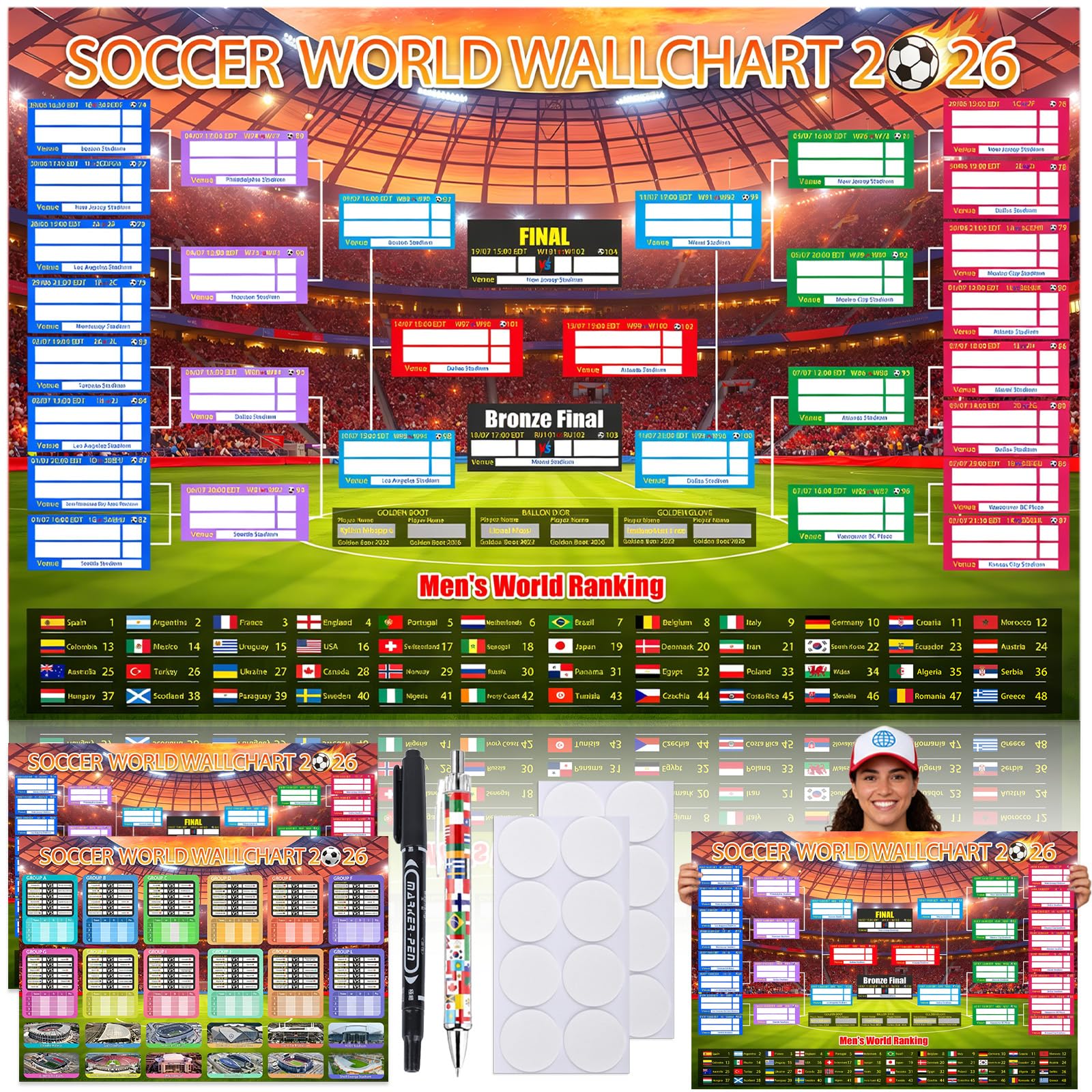 2026 World Cup Schedule Poster Set - 2 PCS Large 60x84cm Tournament Wall Chart with World Cup Ball 2026 Design, No Crease Matte Finish, Includes Marker & Accessories for Fixture Tracking - Soccer Fans