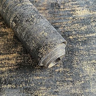 Black and Gold Wallpaper Embossed Wallpaper 17.3"x236"Industrial Metallic Textured Wall Paper Dark Vintage Contact Paper Charcoal Gold Wallpaper Non-Woven Wall Paper, Need Prepasted Wallpaper