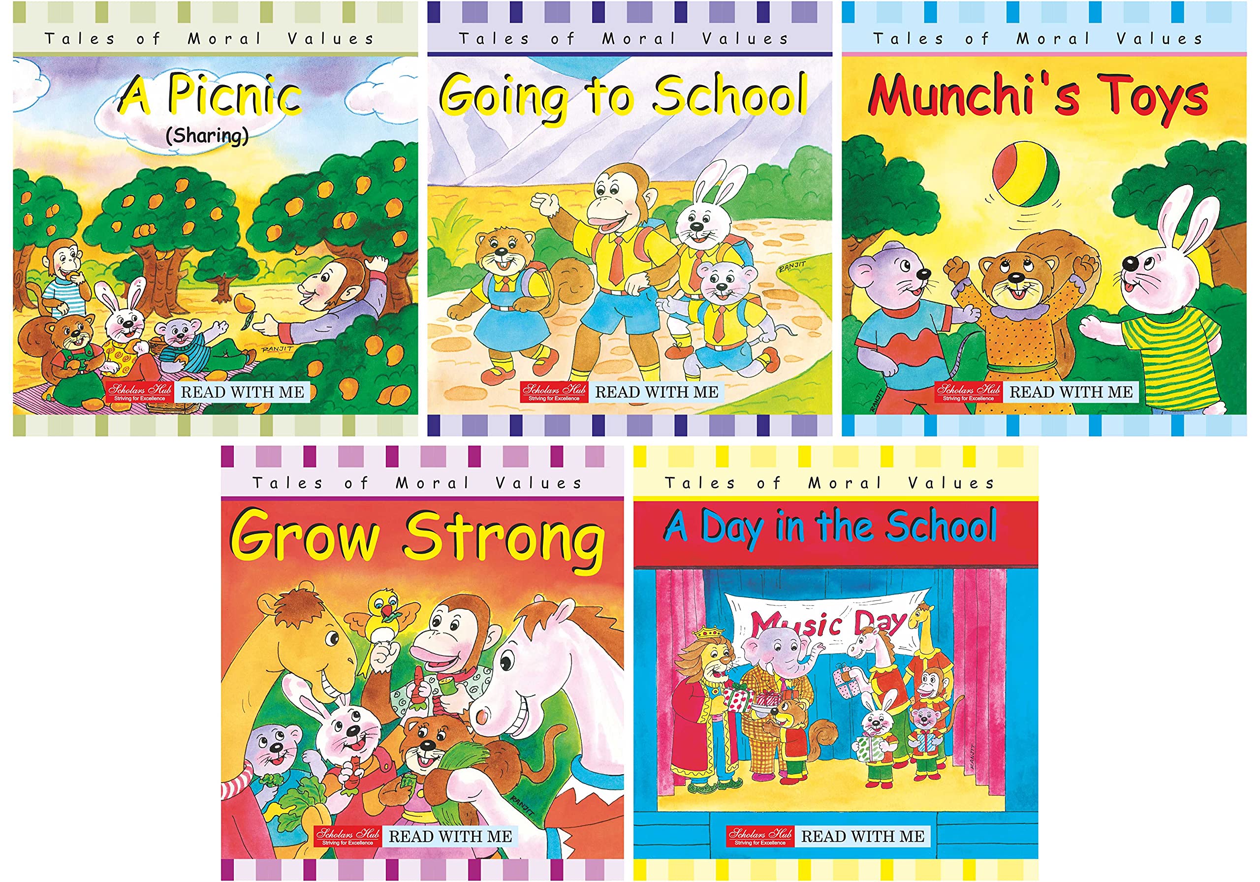 Storybook for Kids: Scholars Hub Moral Values Story Set 2 (Set of 5 Books) (Illustrated) (Ages 5+) (80 Pages) | A picnic | Going to School | Munchi's Toys | Grow Strong | A Day in the School