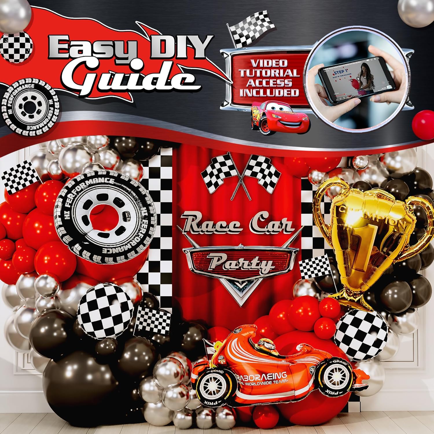 ALL-IN-1 Race Car Balloon Arch Kit with BONUS Trophy & Number 2 - Cars Balloon Garland Kit for Lightning McQueen Cars 2 Birthday Party Supplies & Hot Wheels Balloons RaceCars Decorations - Image 4