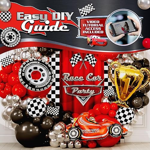 Miniatura 4 de Kit de 100 globos de auto de carreras con trofeo adicional y número 2  Kit de guirnalda de globos de carreras para autos Lightning McQueen, 2