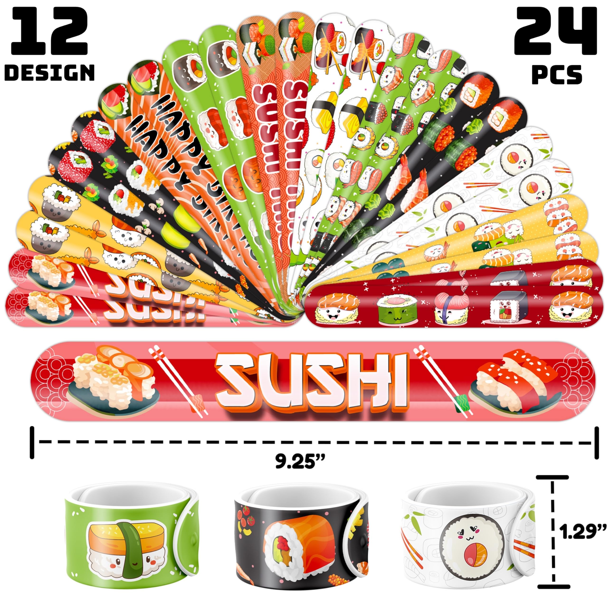 48PCS Sushi Party Set - 24PCS Temporary Pre - cut Tattoos & 24PCS Slap Bracelets - Fun Food-Themed Birthday Supplies, Baby Shower Gifts, Classroom Rewards & Party Decor for Kids (Boys & Girls)