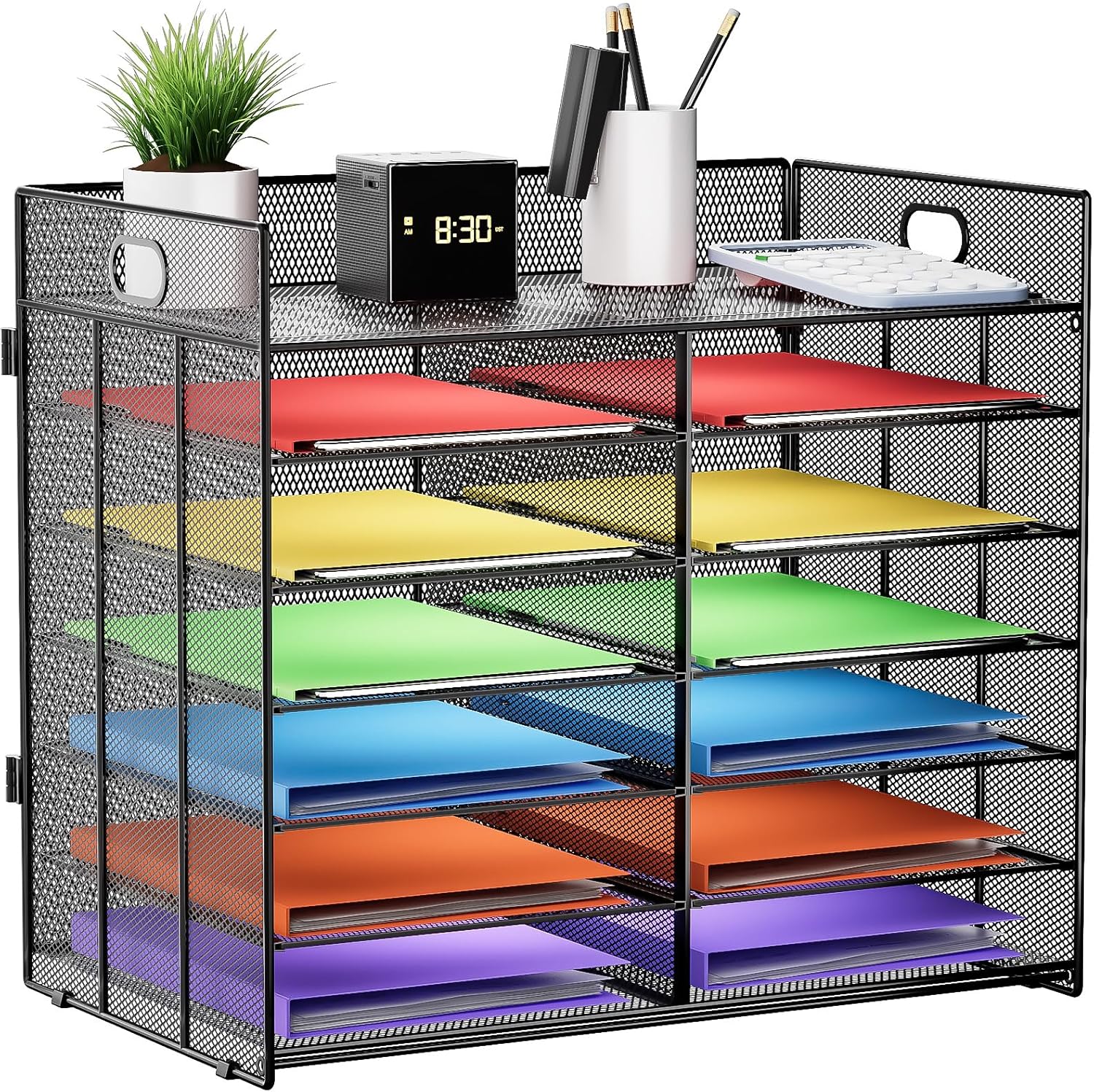 Marbrasse Desktop Literature Organizer, Mesh Paper Organizer, Desk Organizers, File Sorter Mail Center Paper Storage Cabinet Classroom Keepers Mailbox for Office Home School Black Mesh Literature Organizer - 7 Tier