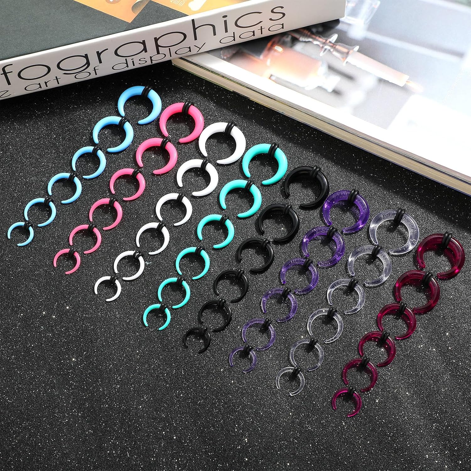 Yolev Acrylic Septum Stretching Kit 48Pcs 14G 12G 10G 8G 6G 4G Septum Pincher 8 Colors Septum Gauge Kit with Black O-Rings Buffalo Horseshoe Nose Ring for Stretching Pierced Nose Ear