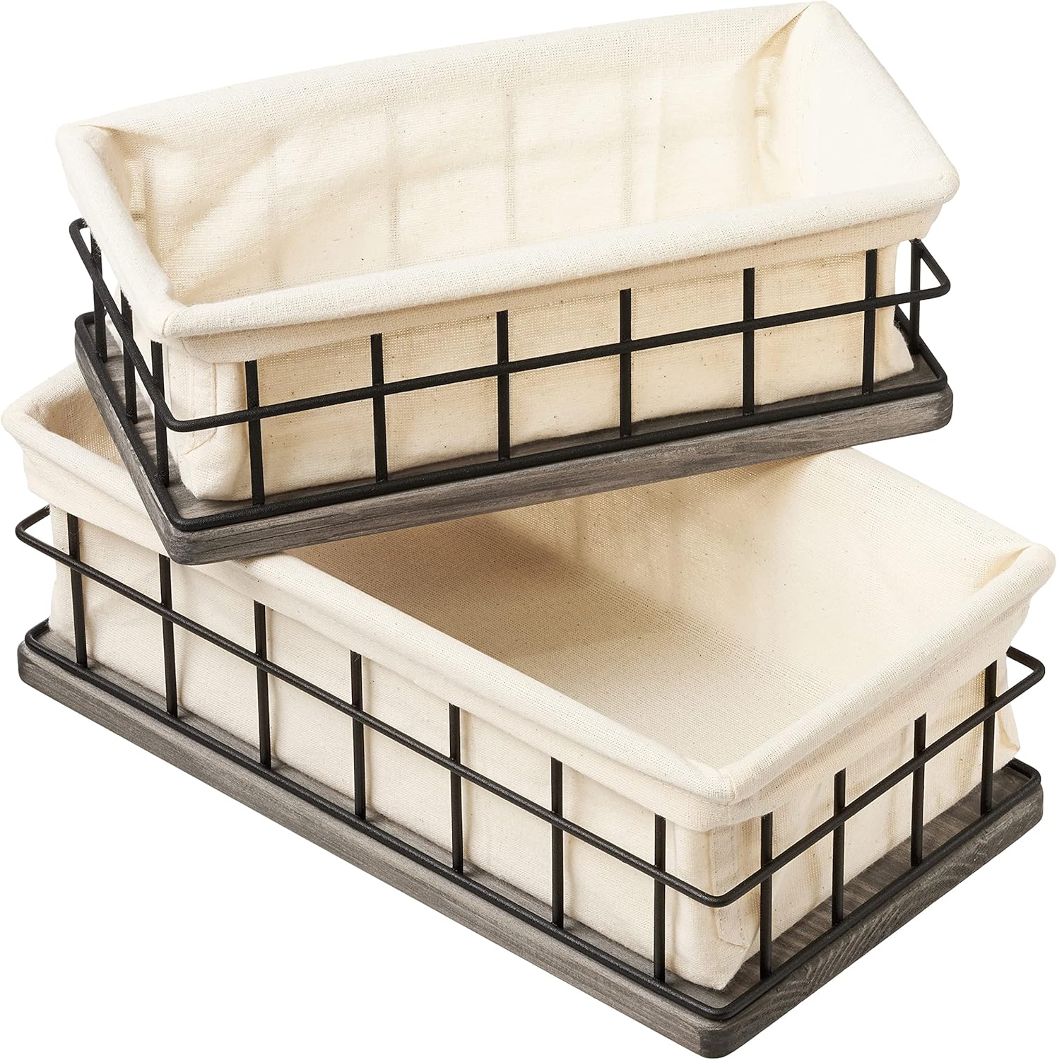 BAOBAB WORKSHOP Set of 2 Metal & Wooden Basket with Liners – Bathroom Basket Organizer & Kitchen Storage Decor – Farmhouse Toilet Paper Baskets for Back of Toilet Tank Tray Topper