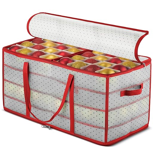 ZOBER Plastic Christmas Ornament Storage Box Large with 2-Sided Dual-Zipper Closure - Keeps 128 Holiday Ornaments, Xmas Decorations Accessories, 3" Compartments - Sturdy Flexible Plastic