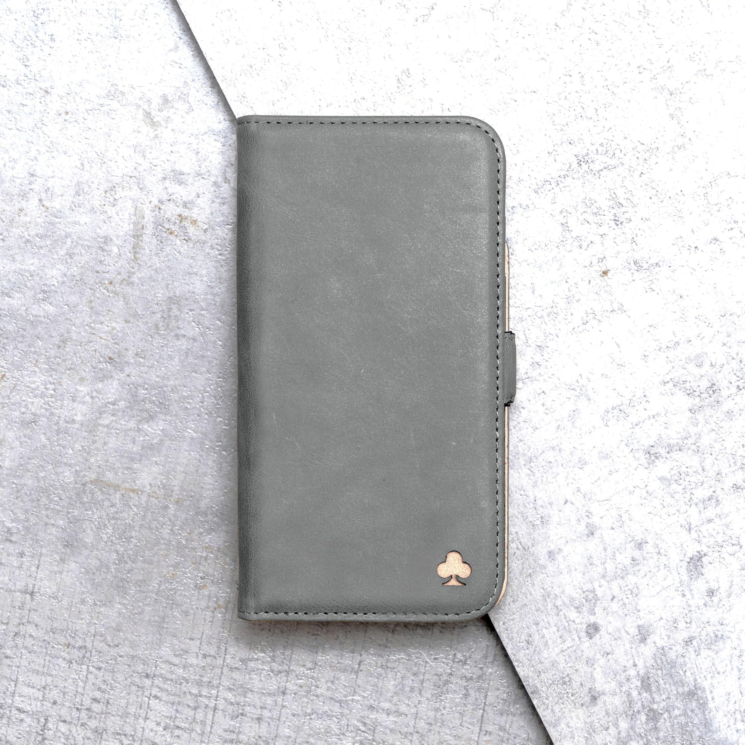 PORTER RILEY – Etui skórzane kompatybilne z iPhone'em 17. Etui/podstawka/portfel/etui składane premium z prawdziwej skóry z przegródkami na karty i poziomą podstawką (szary i różowy)