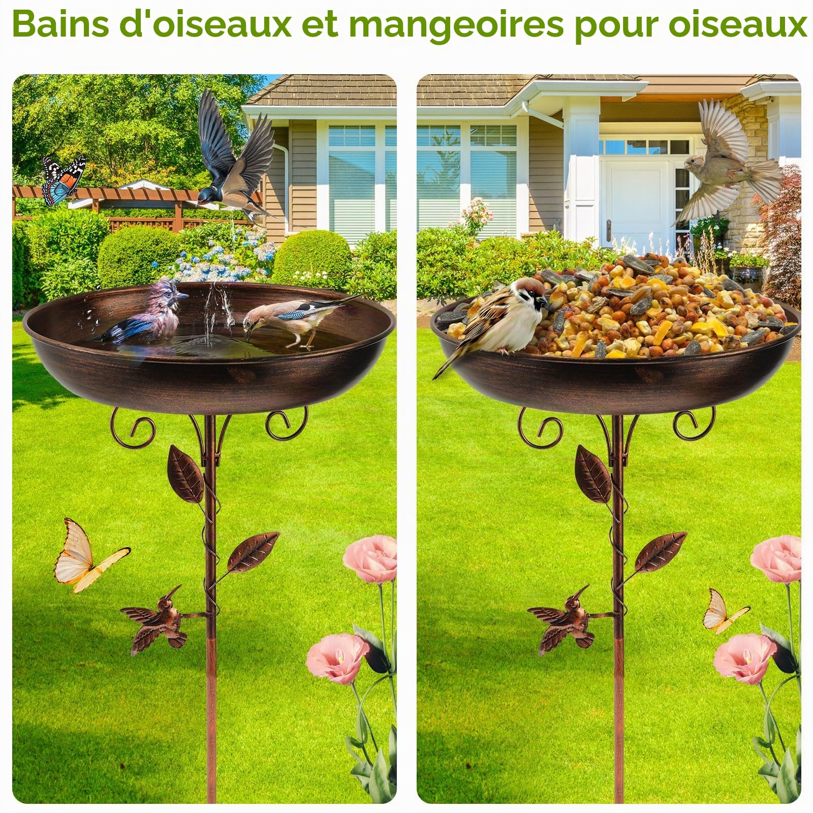 Bain d'oiseaux 2 en 1 avec fontaine solaire - Fontaine solaire pour l'extérieur - Avec 5 effets de pulvérisation - En métal de 30 cm - Pour oiseaux sauvages - Pour l'hiver