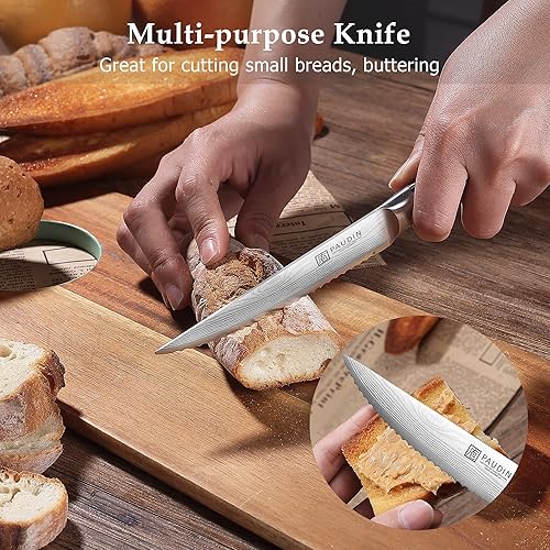 Miniatura 6 de PAUDIN Juego de 6 cuchillos para carne, cuchillos de cocina de 4.5 pulgadas, cuchillos de carne de acero inoxidable de alto carbono, cuchillo