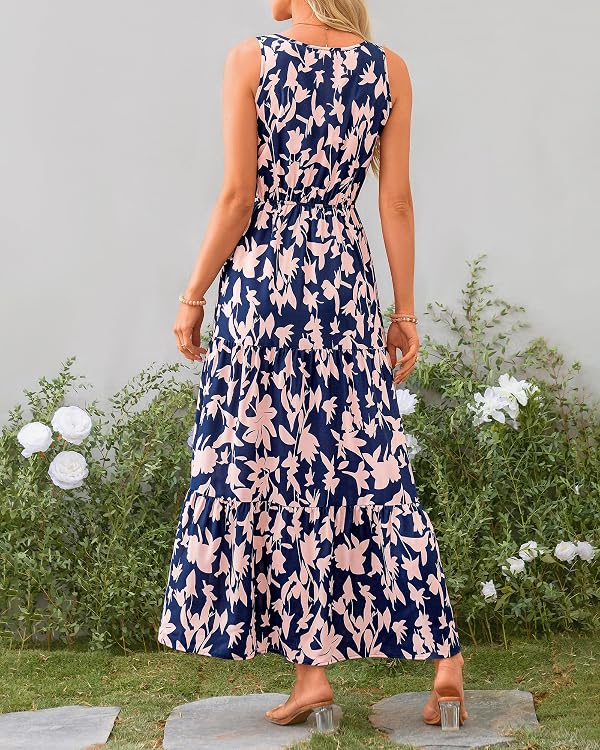 BTFBM Women Summer Dresses Casual Sleeveless Maxi Dresses Cute Floral Long Dress Wedding Guest Dress(Navy Pink Flower,Small) by BTFBM - Used condition - Image 4