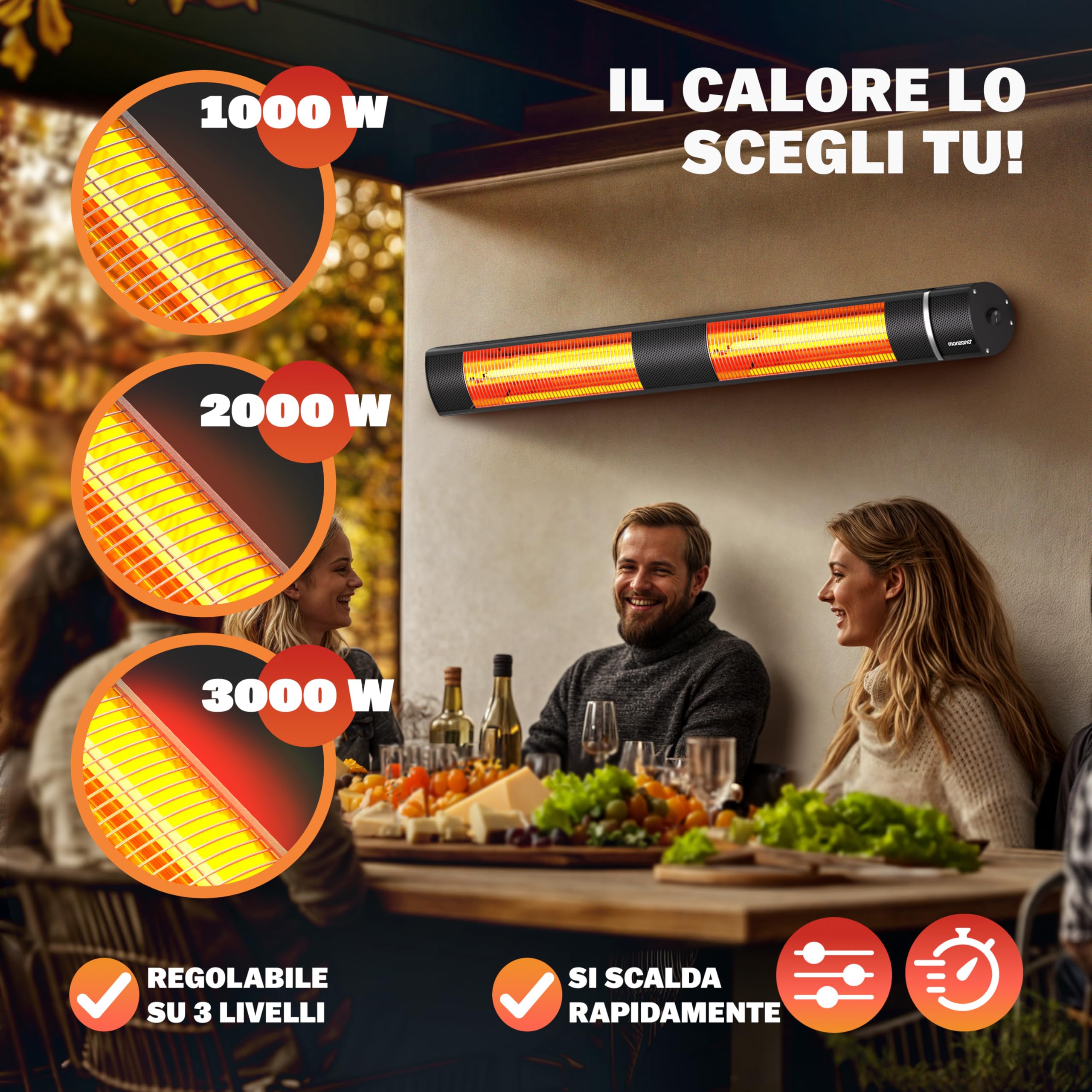 MONZANA® Stufa Elettrica a Infrarossi 3 Livelli di Calore 3000W Inclinabile 90° Telecomando App Riscaldamento Esterno