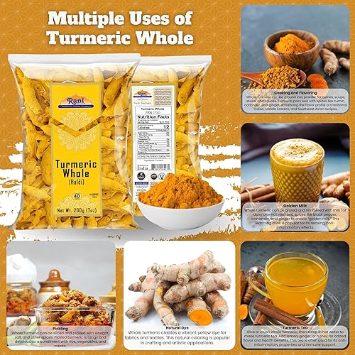 Miniatura 5 de Rani Cúrcuma (Haldi) Raíz de Especia entera  Seca 7 oz (200 g)  Todo natural  100% pura  Vegana  Apto para gluten  Sin OMG  Origen indio