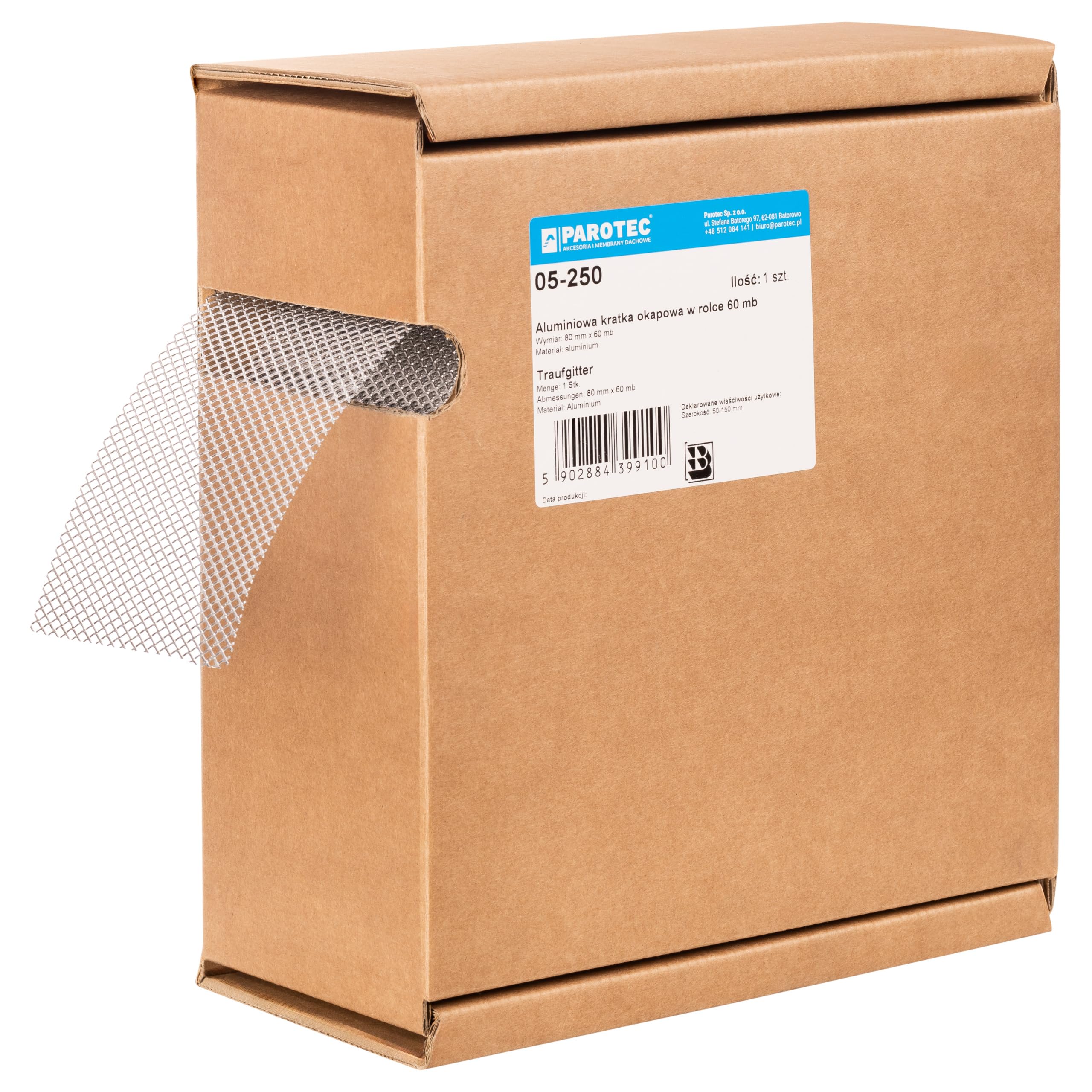 PAROTEC Rejilla de alero de aluminio en rollo - 80 mm x 60 m cartón – Banda de ventilación con perforaciones ovaladas – Protección contra insectos y animales – Para tejado y fachada – Uso profesional