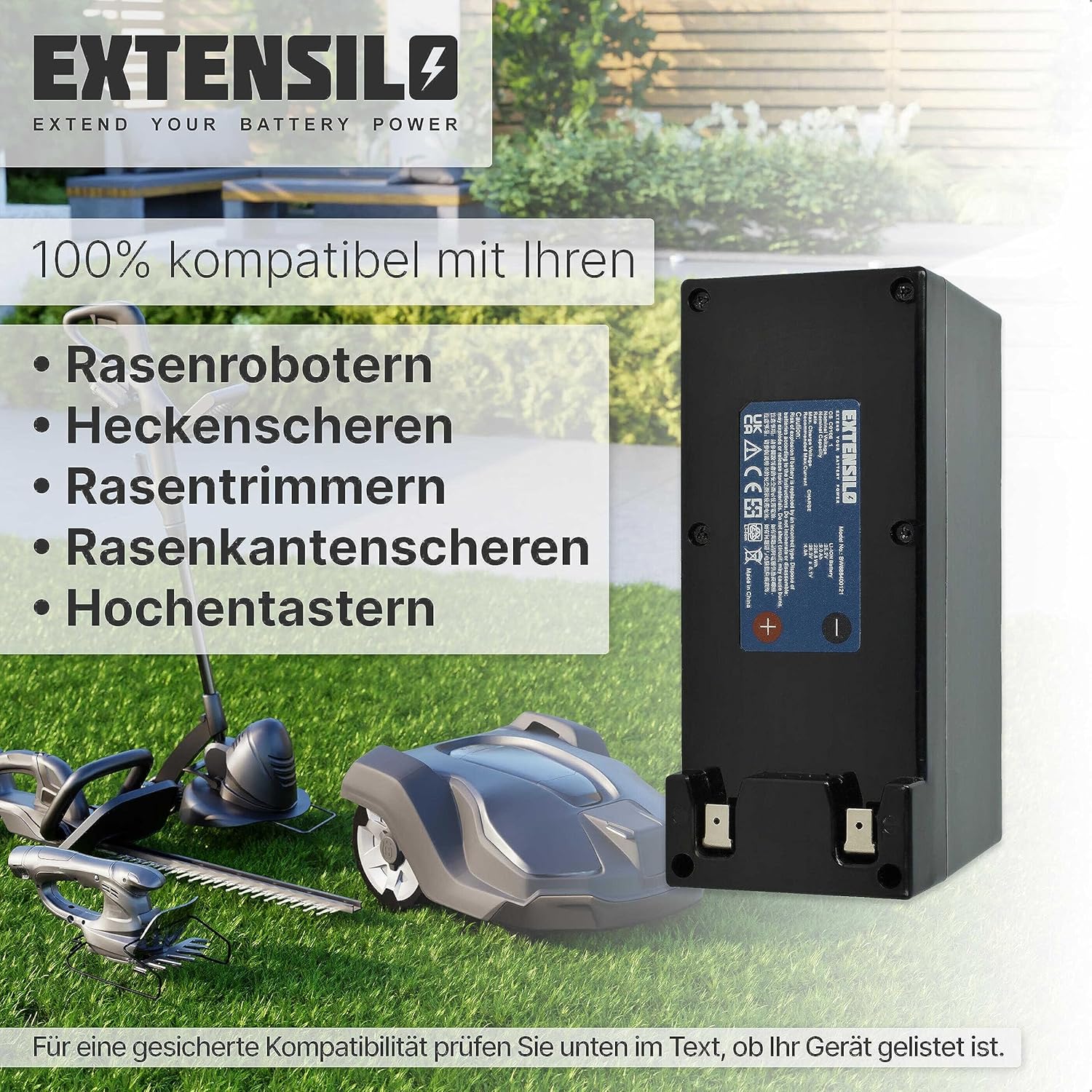 EXTENSILO battery compatibility with various garden tools like robotic lawnmowers, hedge trimmers, and string trimmers